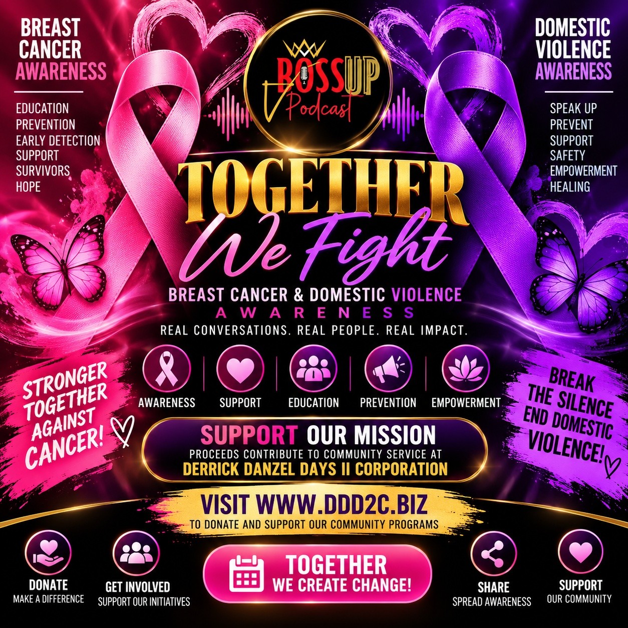 🎀💜 **Together, We Fight. Together, We Create Change.**  This October, Boss Up Visual Podcast stands in solidarity with those impacted by *