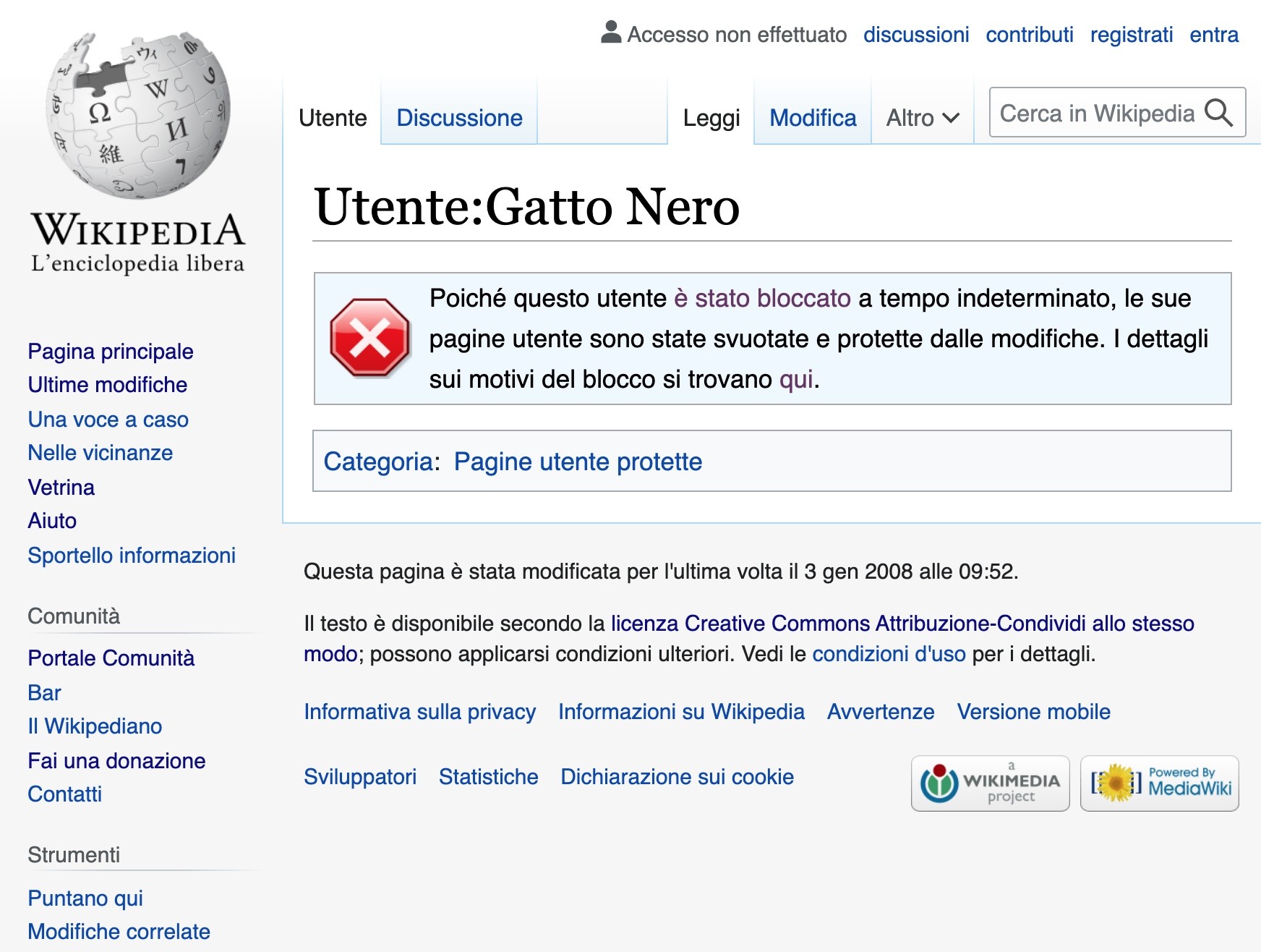 Claudio Mastroianni – Gatto Nero, Il blocco su Wikipedia (ITA)