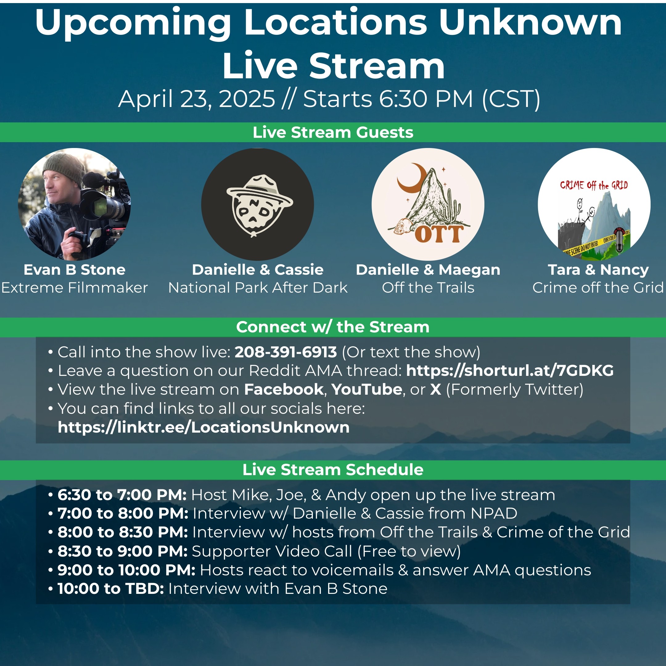 Locations Unknown Live Stream starts 6:30 PM CST on 4/23/25