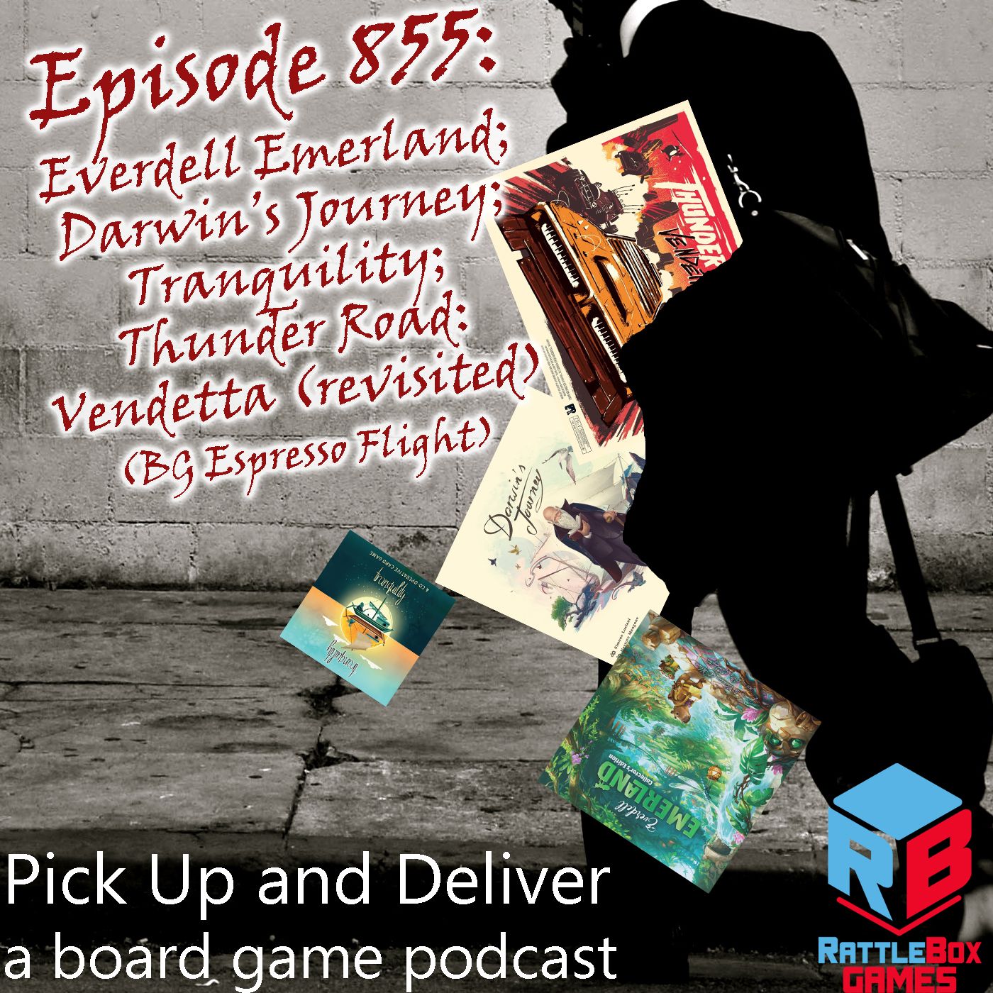Everdell: Emerland; Darwin’s Journey; Tranquility; Thunder Road: Vendetta (revisited) episode artwork