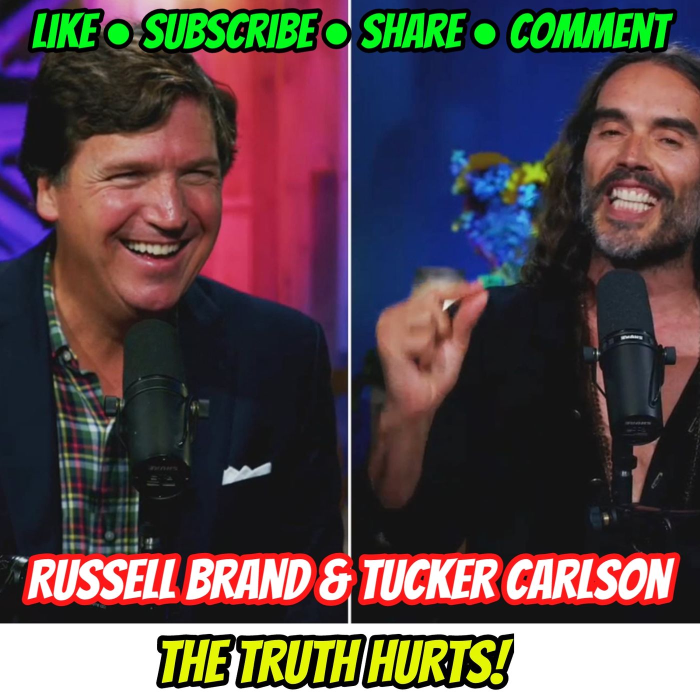 “STOP LYING!!” Tucker Carlson & Russell Brand episode artwork