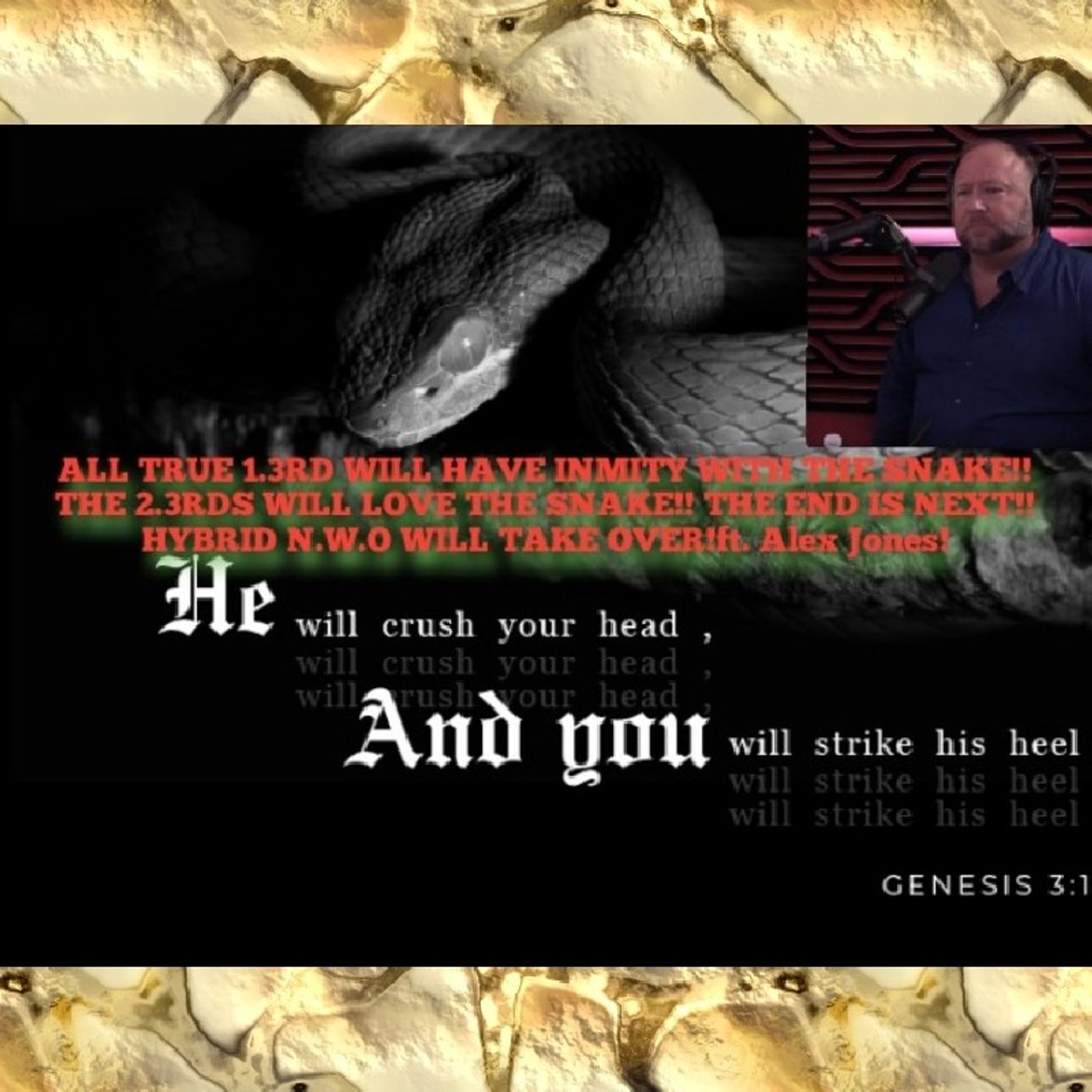ALL TRUE 1.3RD WILL HAVE ENMITY WITH THE SNAKE!!THE 2.3RDS WILL LOVE THE SNAKE!! THE END IS NEXT!!HYBRID N.W.O WILL TAKE OVER!ft. Alex Jones episode artwork
