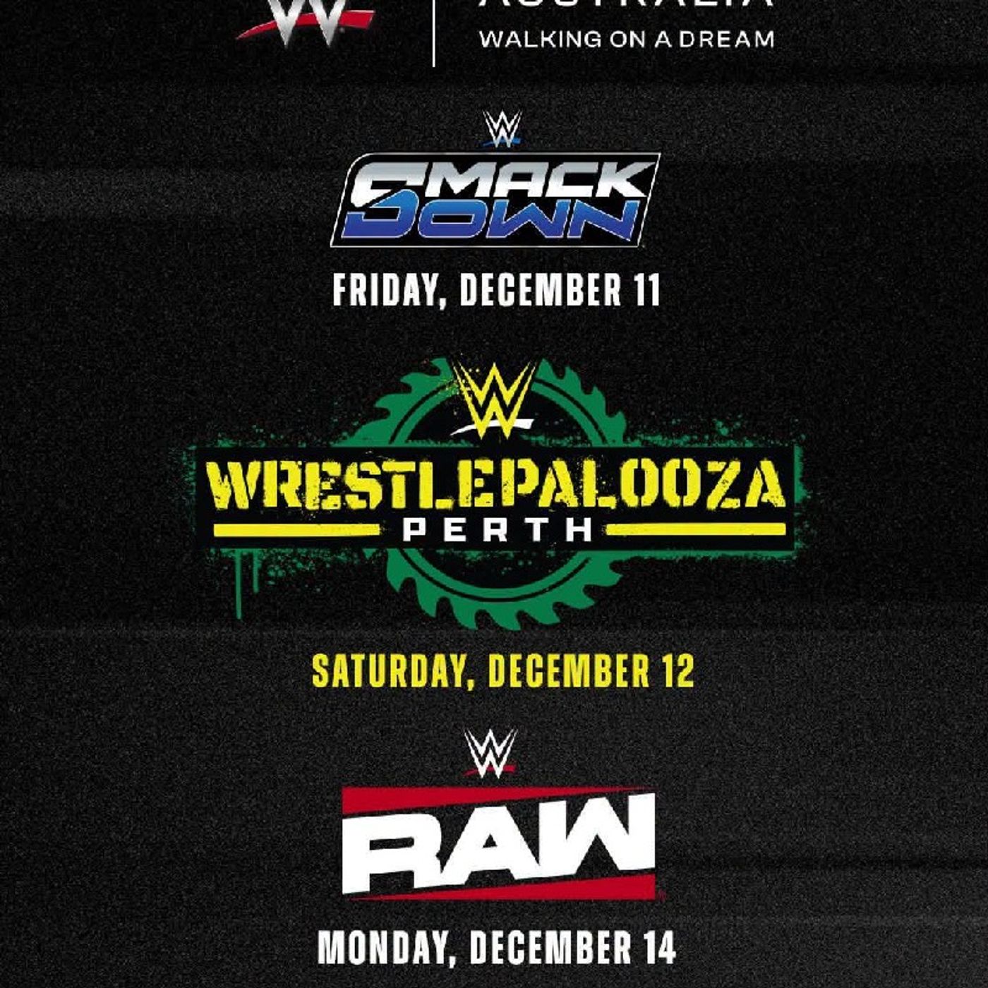 WWE has officially announced that ‘WRESTLEPALOOZA’ will take place on Saturday, December 12, in Perth, Australia. WWE SmackDown and RAW wil episode artwork
