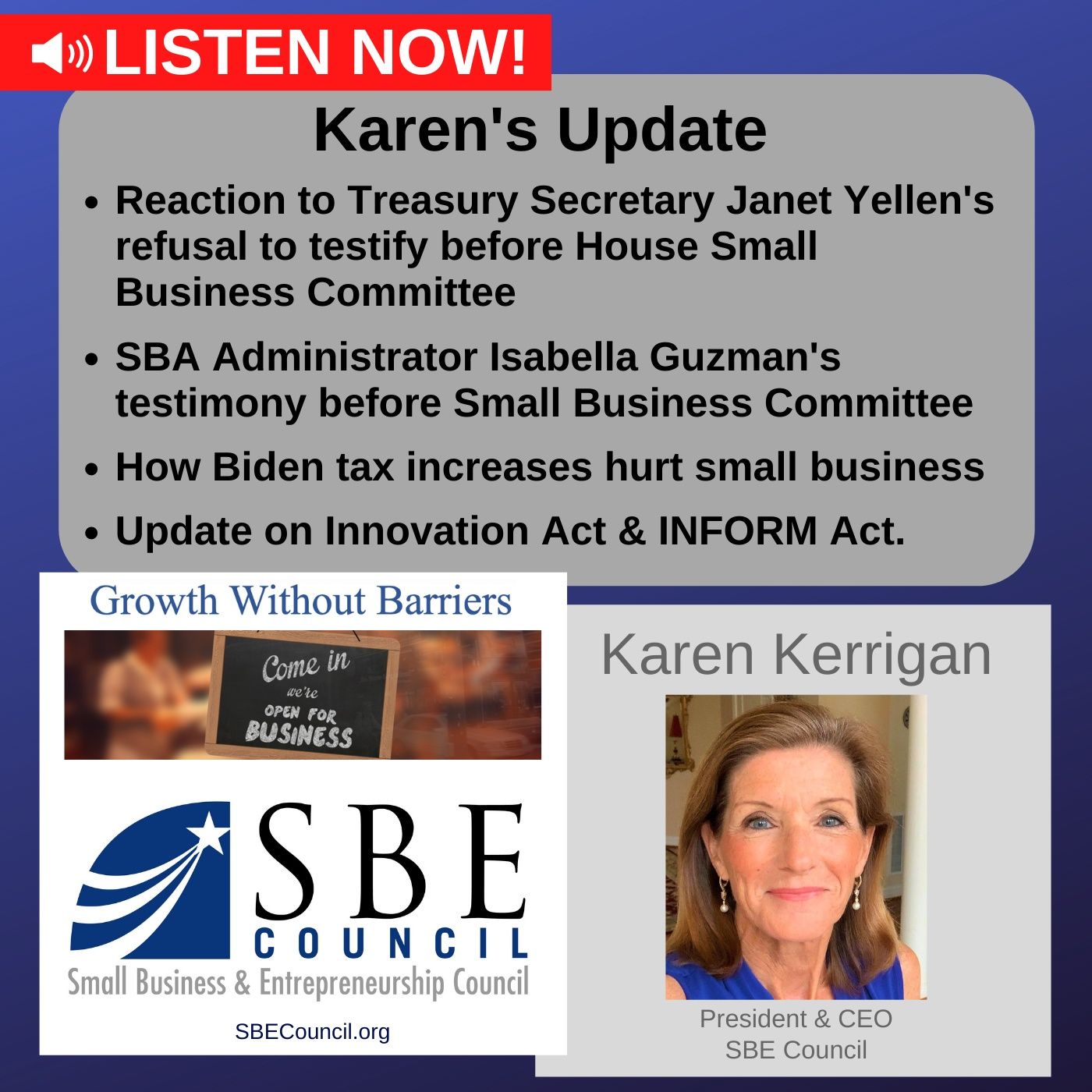 Treas. Secretary Yellen refuses to testify & SBA Admin. Isabella Guzman's testimony; how Biden tax plan hurts small biz; INFORM Act. episode artwork