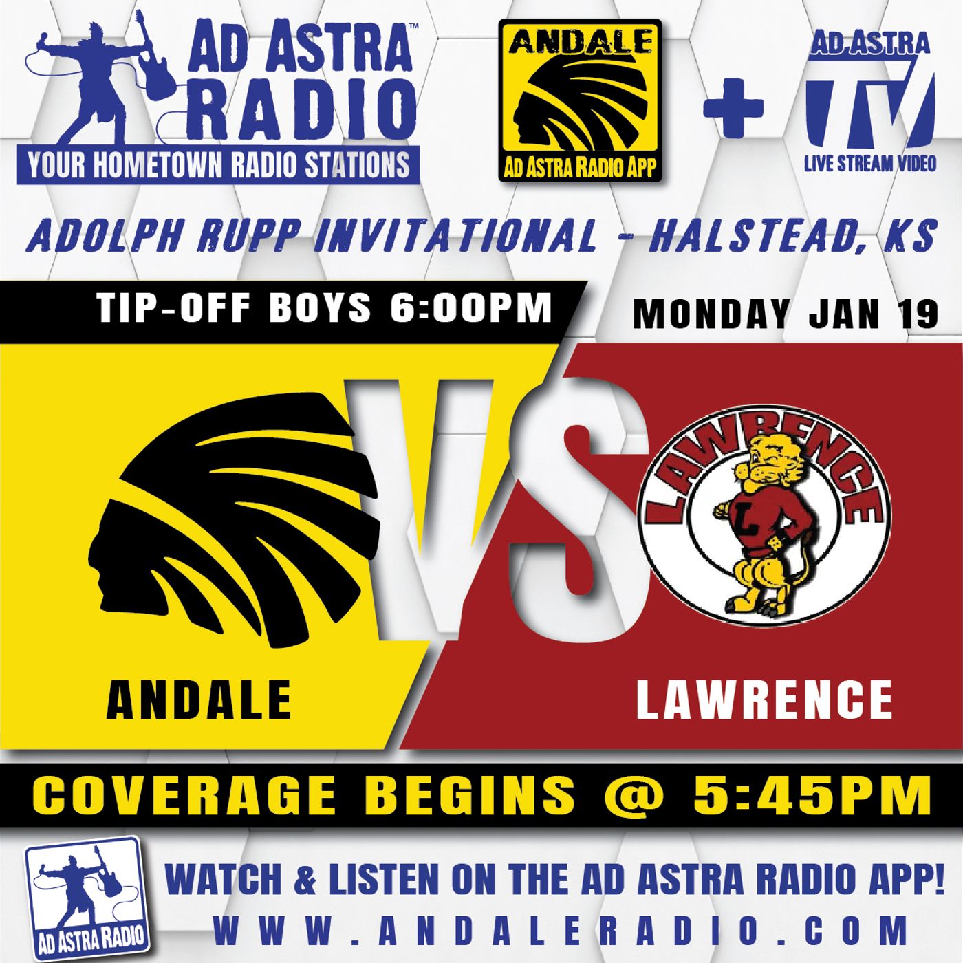 Andale Indians vs Lawrence Lions Boys High School Basketball (Rupp Invitational-January 19, 2026) episode artwork