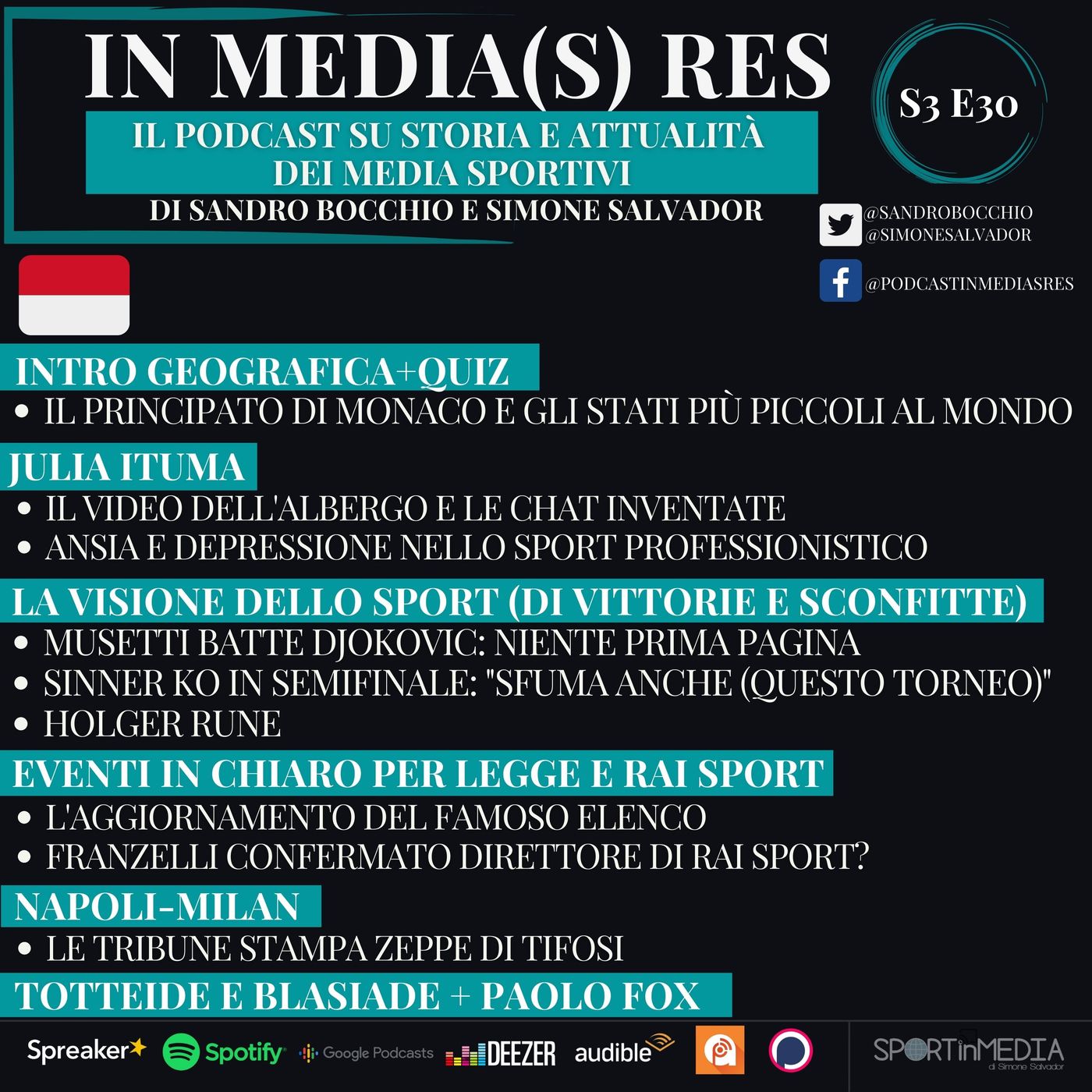 S3 E30| Intro geografica, Julia Ituma, la visione dello sport (esempi dal tennis con Sinner, Musetti, Rune), tribune stampa tifose, Rai episode artwork