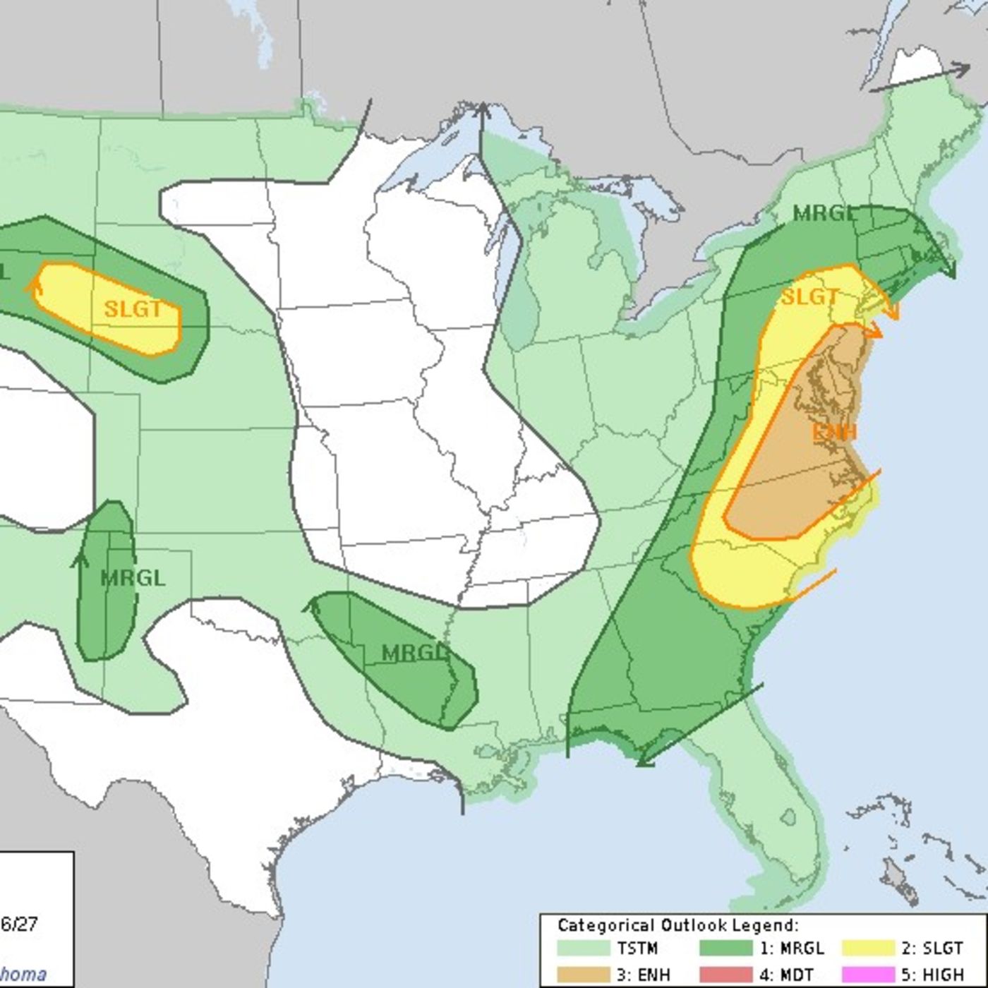 Severe weather potential today highest risk for Baltimore Washington DC Philadelphia Virginia Beach and Raleigh North Carolina.  Heat expand