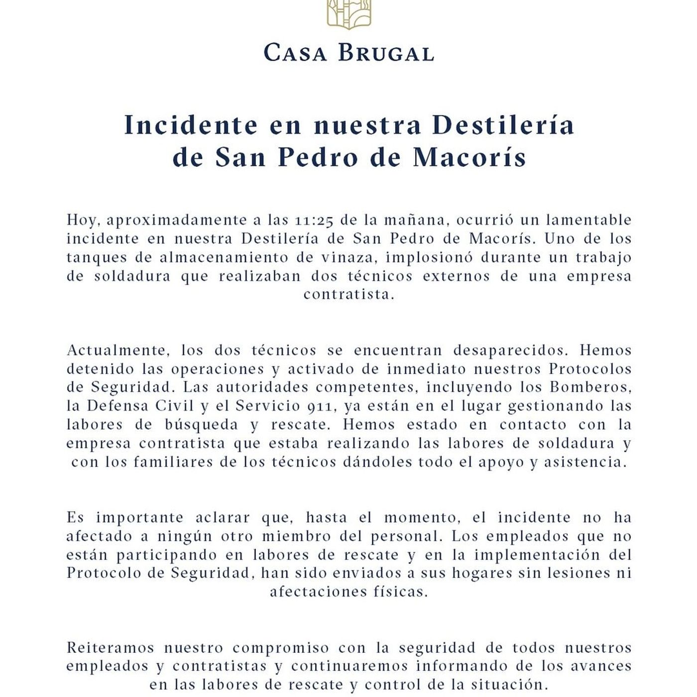 Comunicado Casa Brugal | Incidente en nuestra Destilería de San Pedro de Macorís.