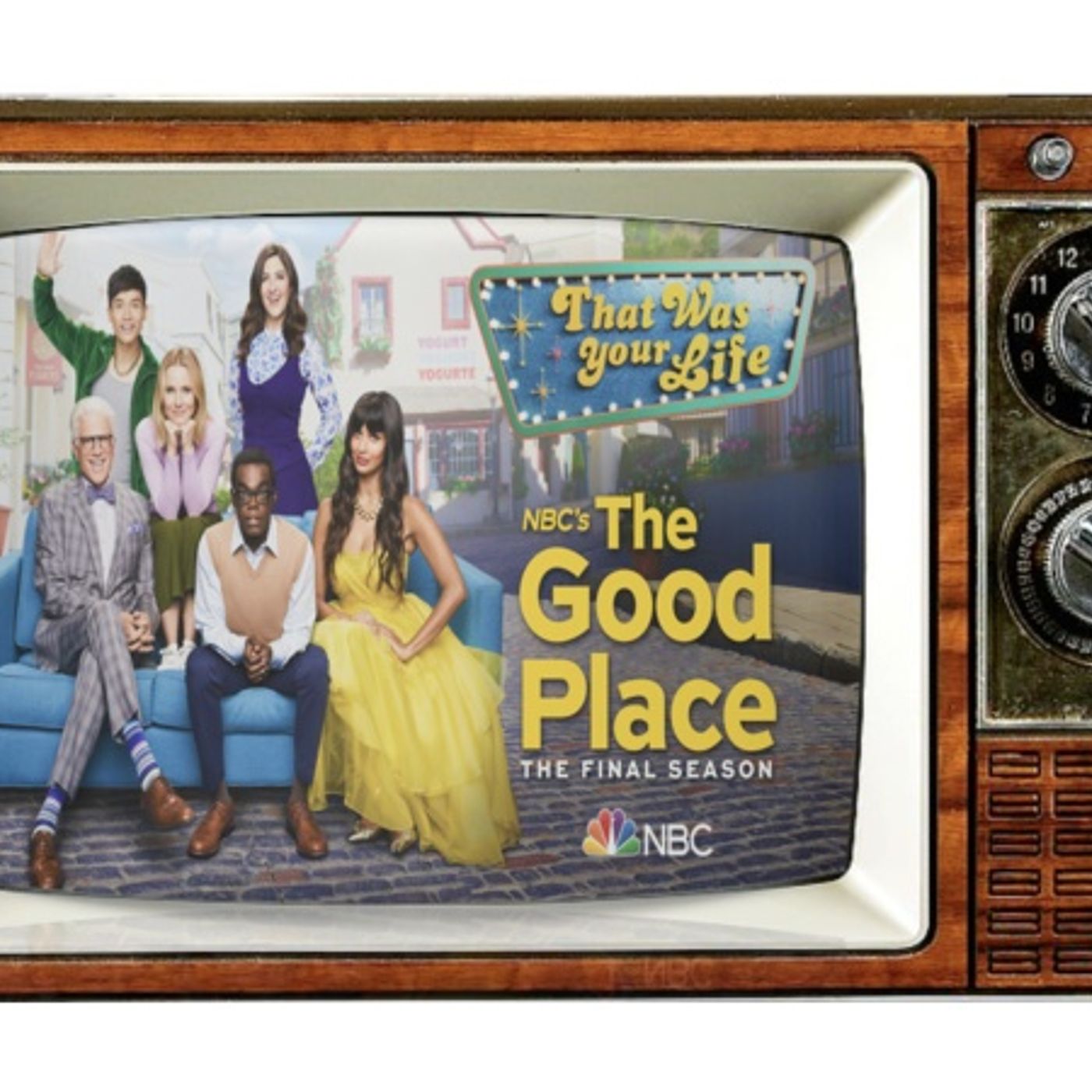 Kristen Bell, Ted Danson, Michael Schur and The Pandemonium of THE GOOD PLACE episode artwork