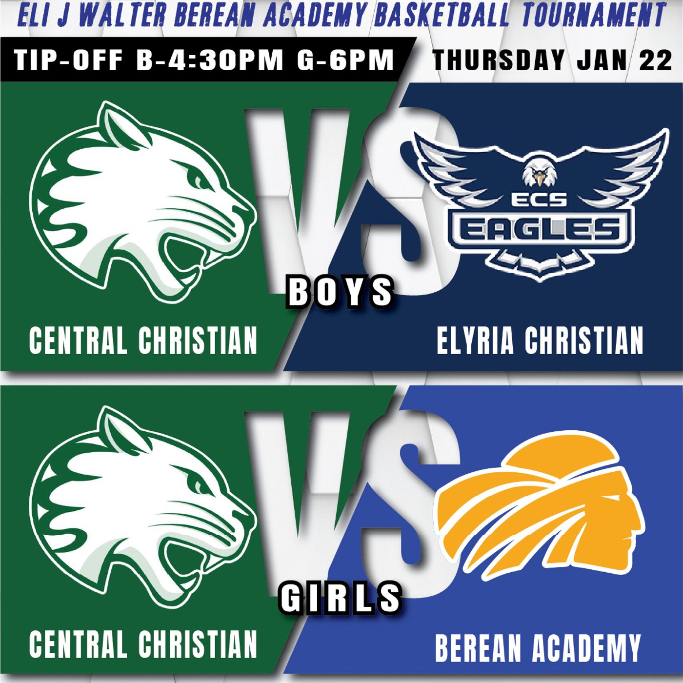 Central Christian Cougars vs Berean Academy Warriors Boys High School Basketball (Eli J Walter Tournament-January 22, 2026)