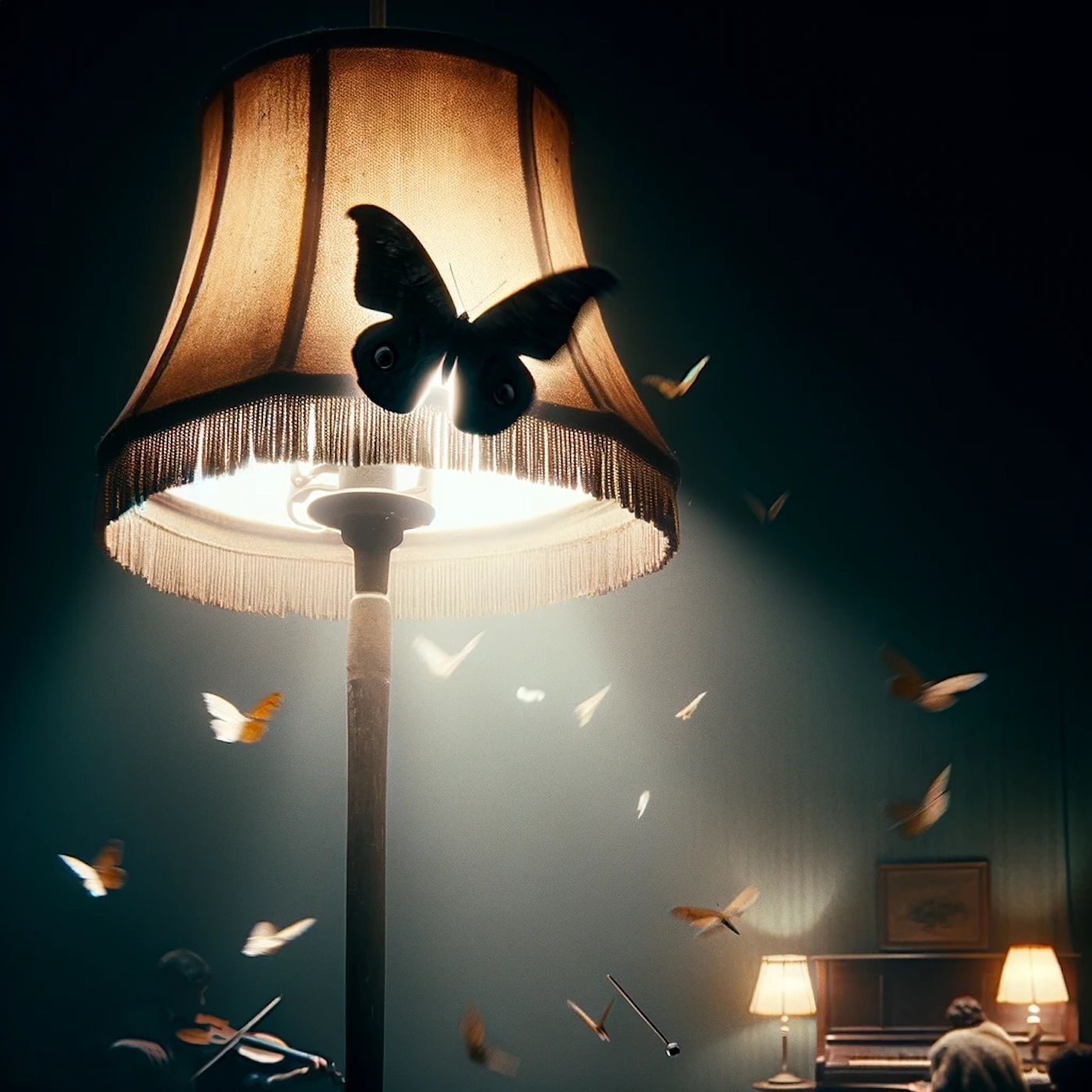 "Up out of the lampshade, startled by the overhead light, flew a large nocturnal butterfly that began circling the room.."