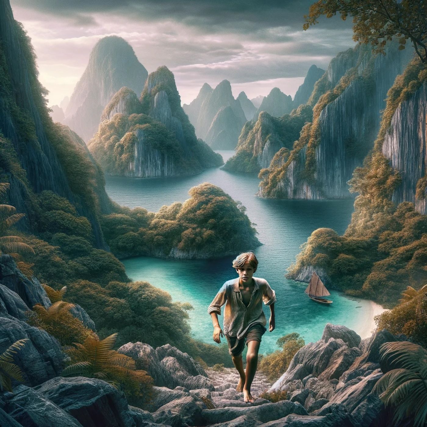"The boy with fair hair lowered himself down the last few feet of rock and began to pick his way toward the lagoon."