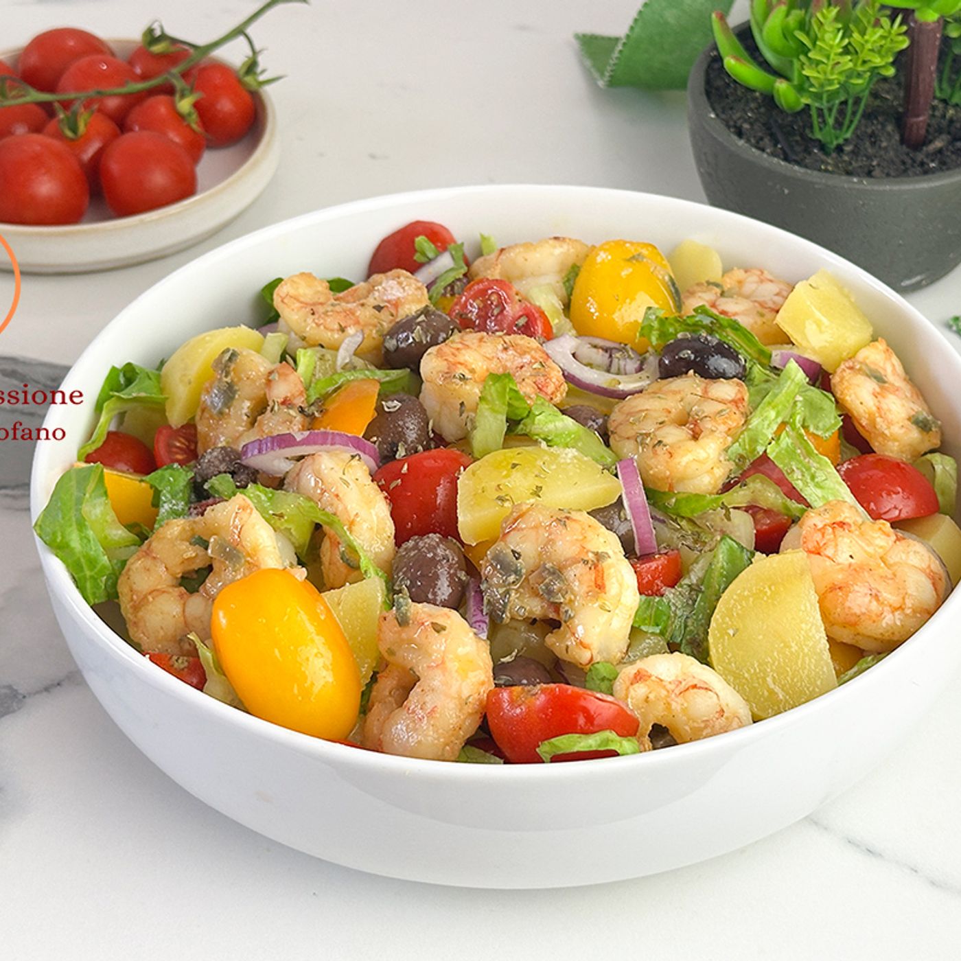 Insalata di patate e gamberi con mosaico di pomodorini per l'estate episode artwork
