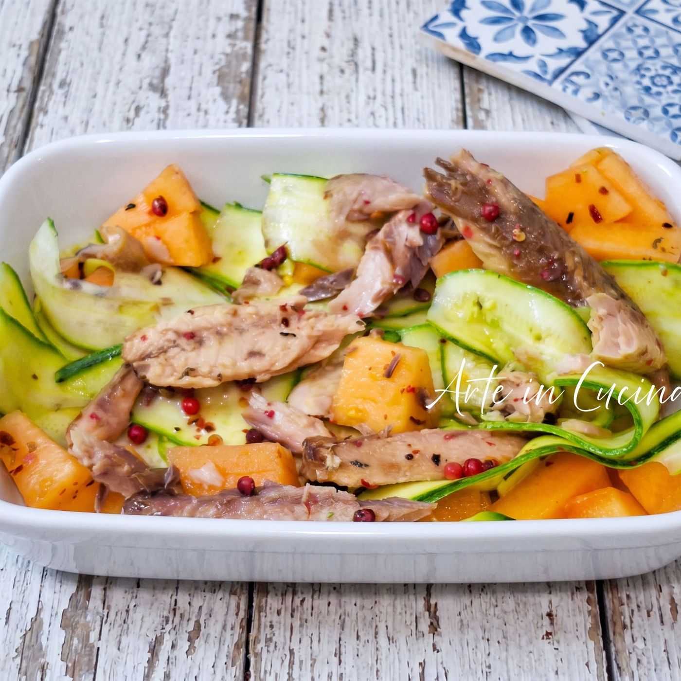 INSALATA di ZUCCHINE e MELONE con SGOMBRO marinata al limone