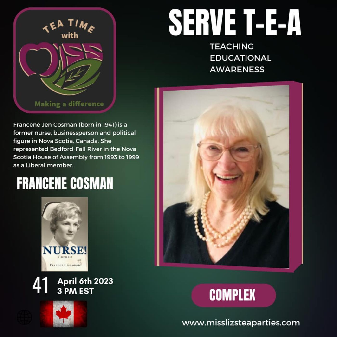 Teatime with Miss Liz T-E-A Open Discussion with Francene Cosman Memoirist "Nurse" episode artwork
