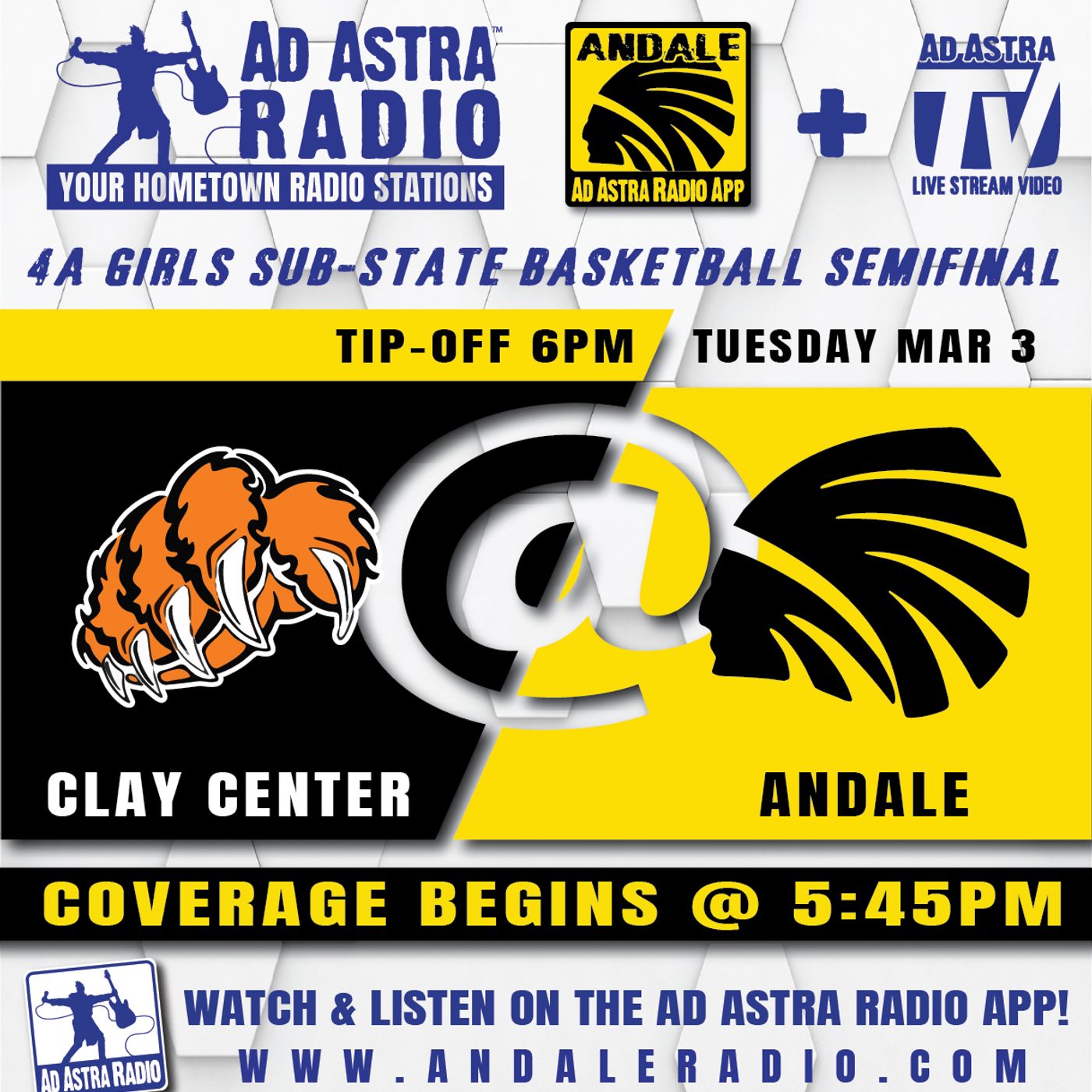 Clay Center Lady Tigers at Andale Indains High School Basketball (4A Substate Semifinal-March 3, 2026) episode artwork