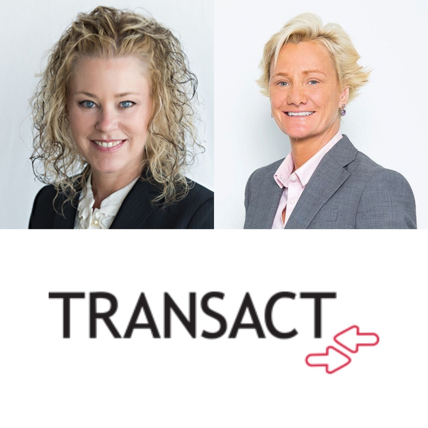 Nancy Langer and Laura Newell-McLaughlin with Transact Campus episode artwork