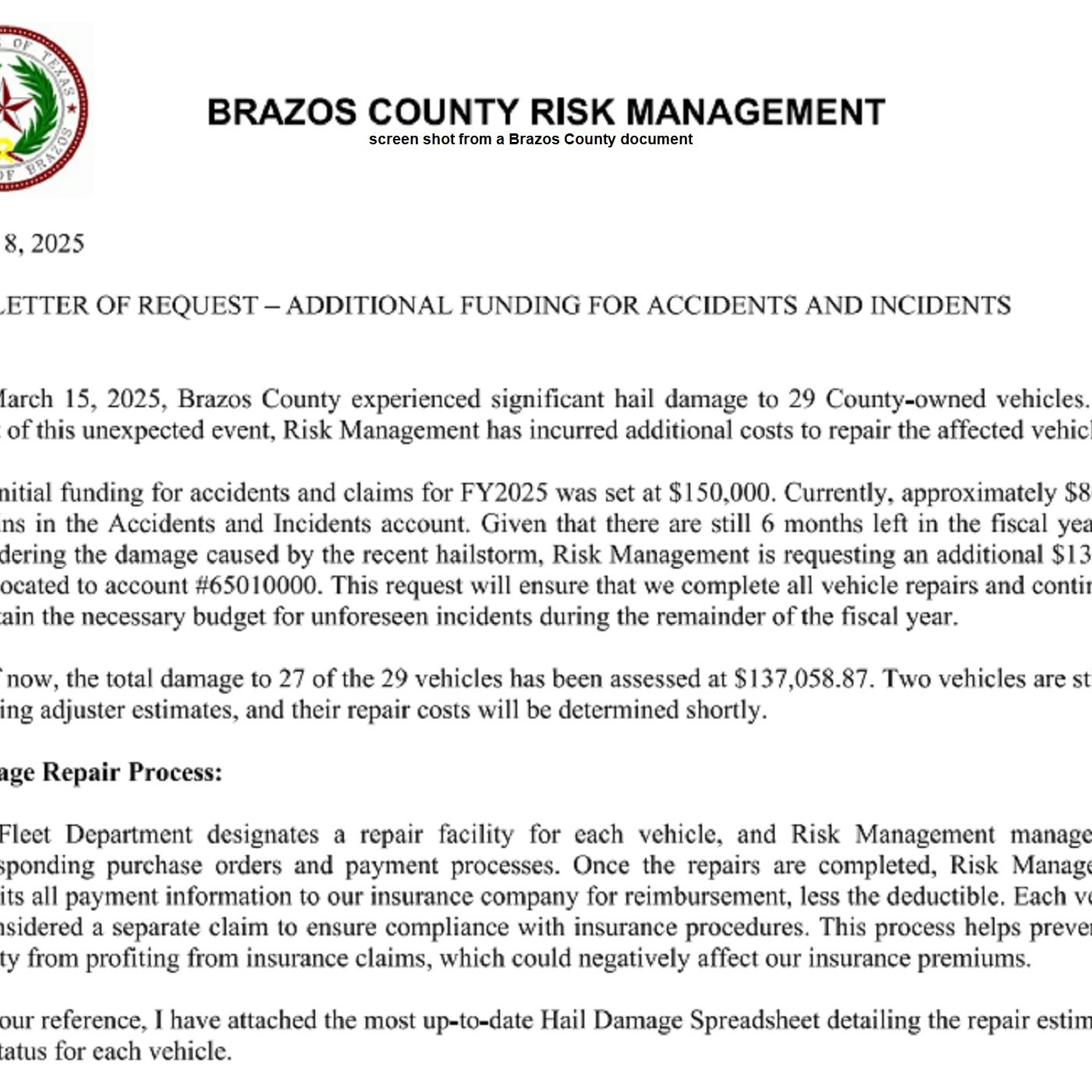 Brazos County commissioners discuss insurance deductibles following hail damage to county vehicles episode artwork