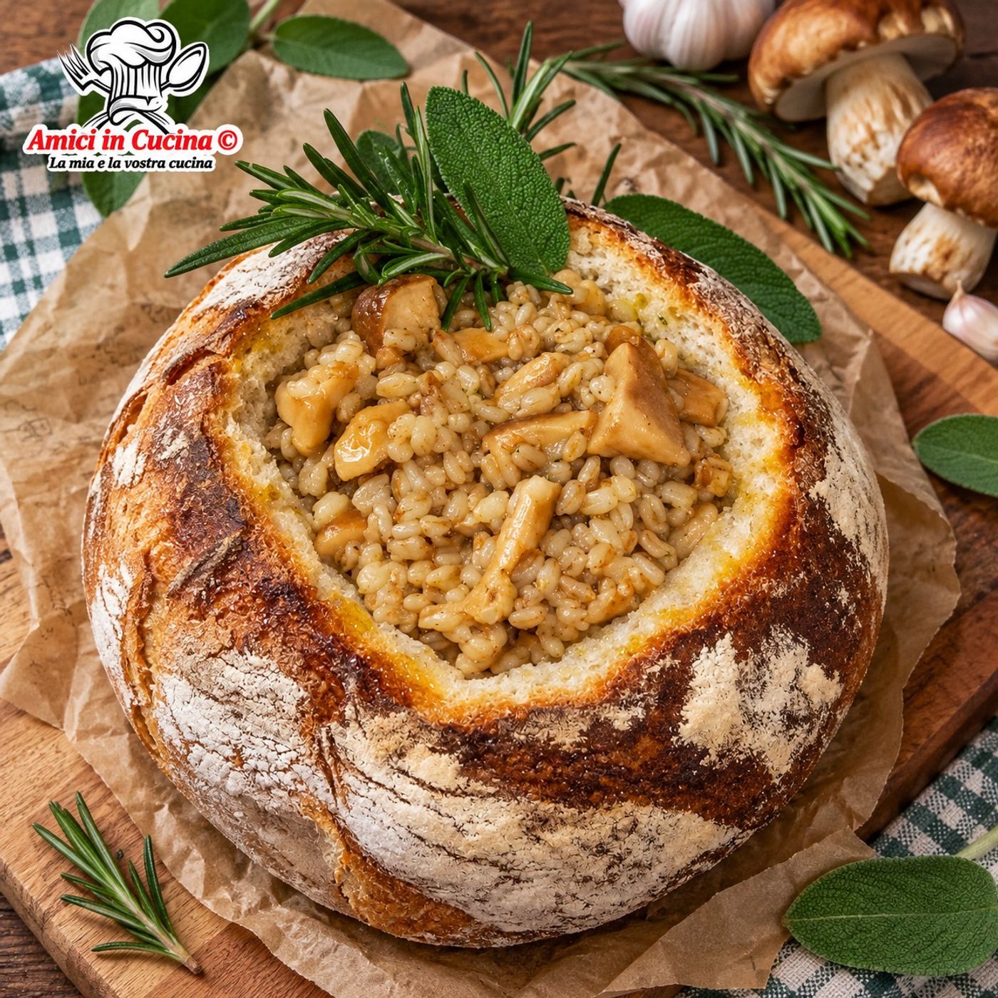La Zuppa dello Gnomo: farro e funghi porcini serviti nel nido di pane