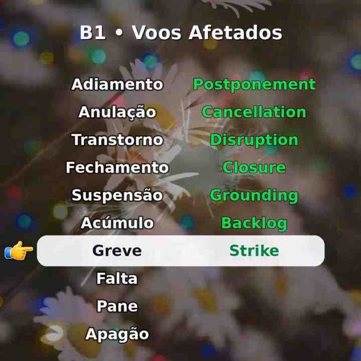 10 palavras sobre «voos afetados». Salve para revisar.