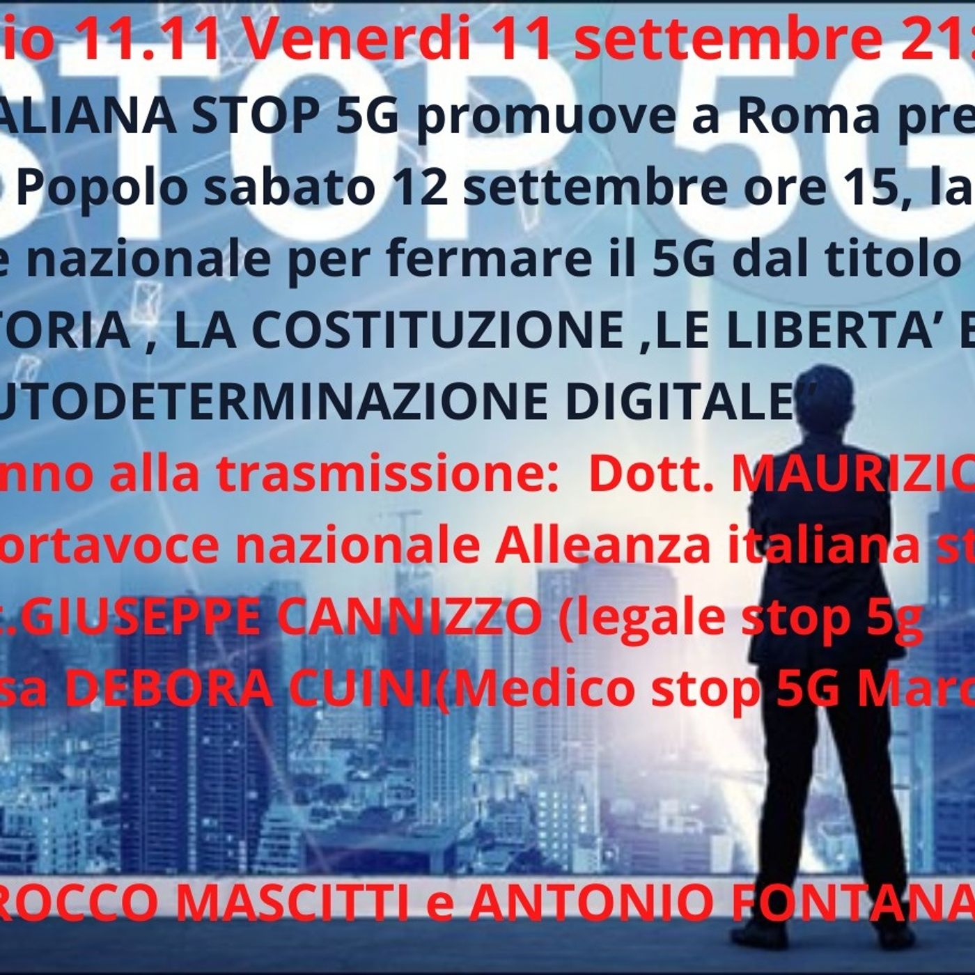 ALLEANZA ITALIANA STOP 5G promuove a Roma presso Piazza del Popolo sabato 12 settembre ore 15, la manifestazione nazionale per fermare il 5G episode artwork