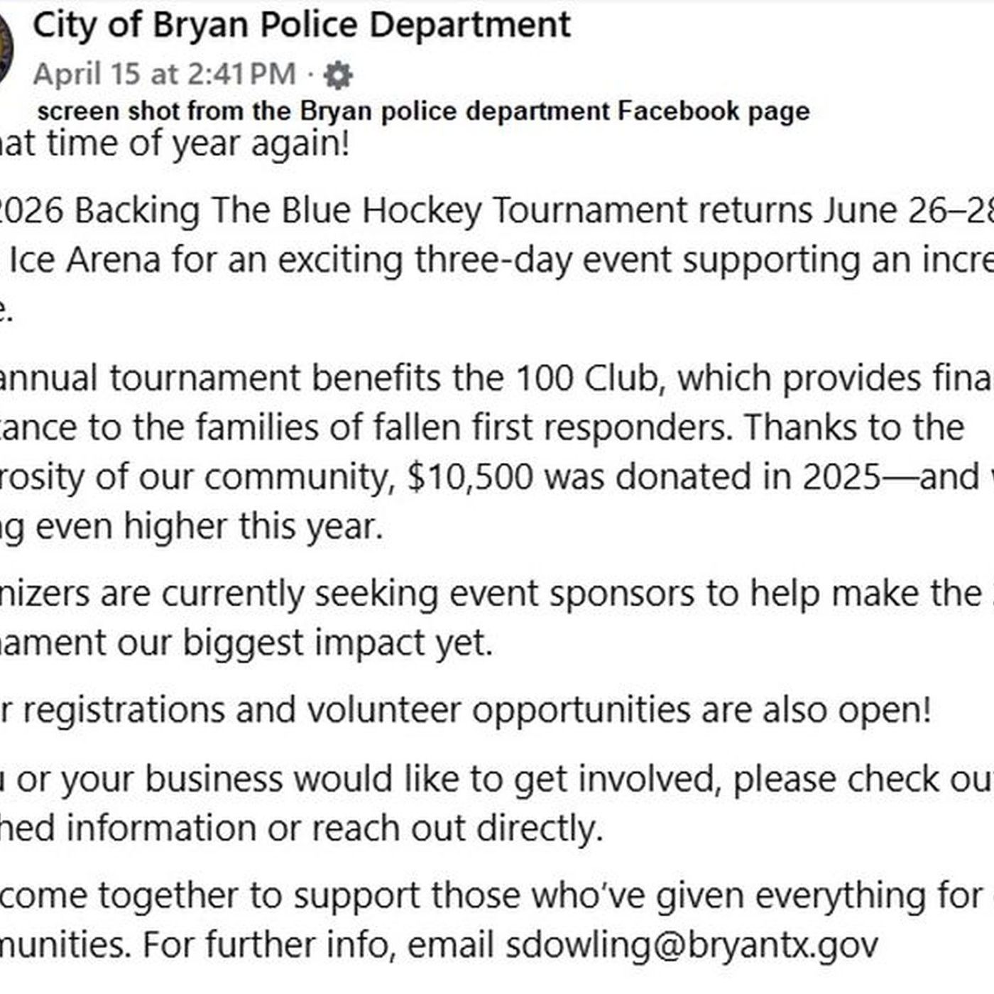 Preview of the Bryan police department's annual ice hockey tournament to benefit The 100 Club of Houston episode artwork