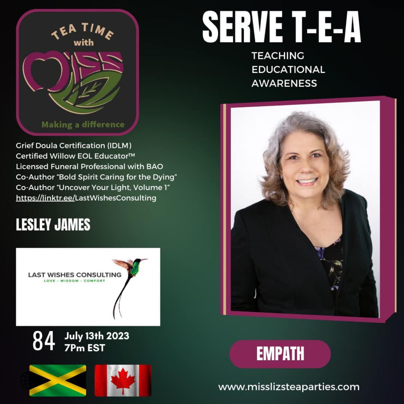 Teatime with Miss Liz T-E-A Open Discussion with Lesley James Founder of Last Wishes Consulting episode artwork