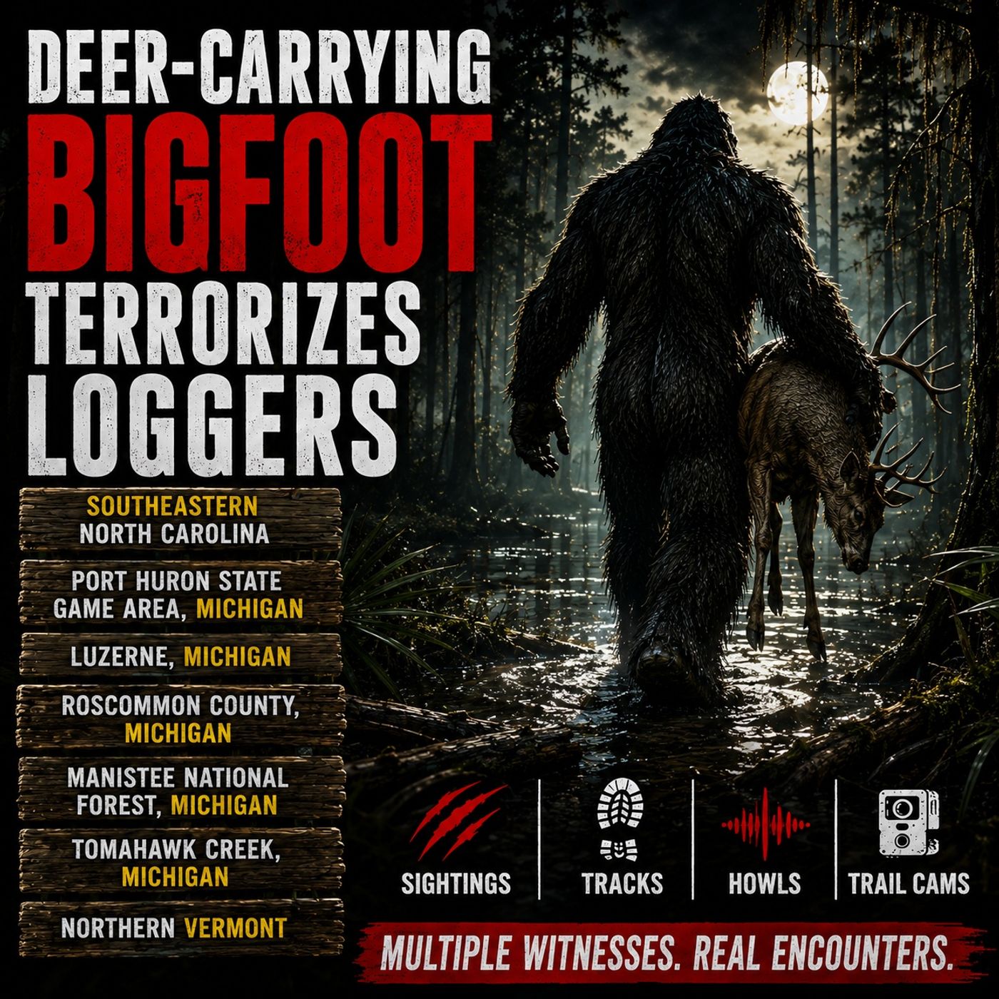 DEER-CARRYING BIGFOOT TERRIFIES LOGGERS IN SOUTHEASTERN NORTH CAROLINA