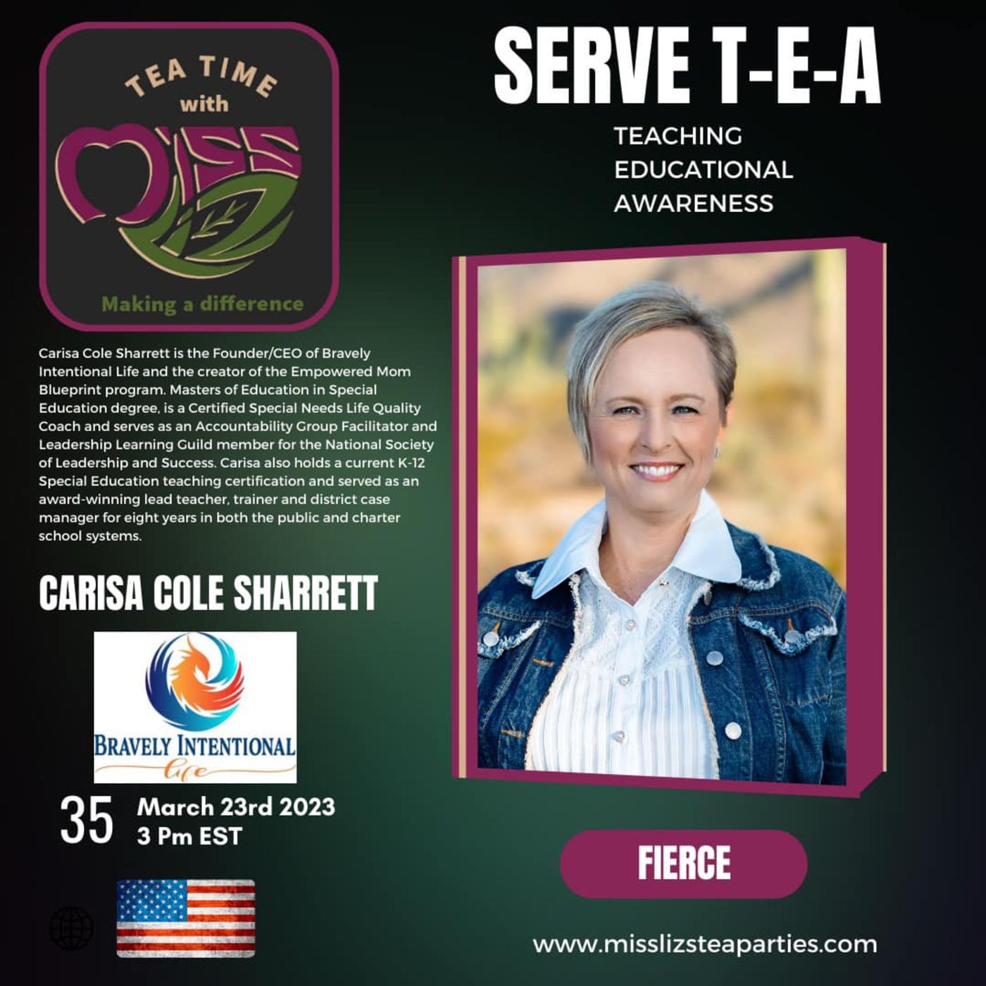 Teatime with Miss Liz T-E-A Open Discussion with Carisa Cole Sharrett Bravely Intentional Life episode artwork