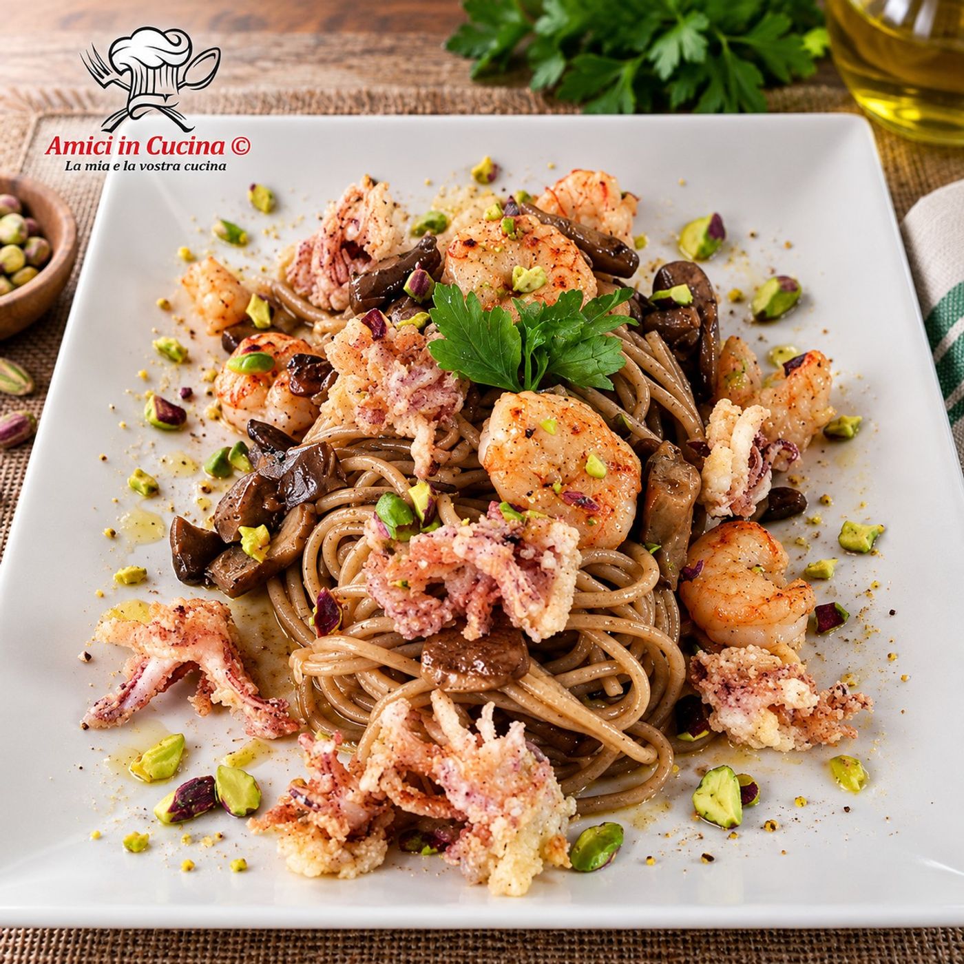 Spaghetti integrali con gamberi, funghi e moscardini fritti: ricetta gourmet facile