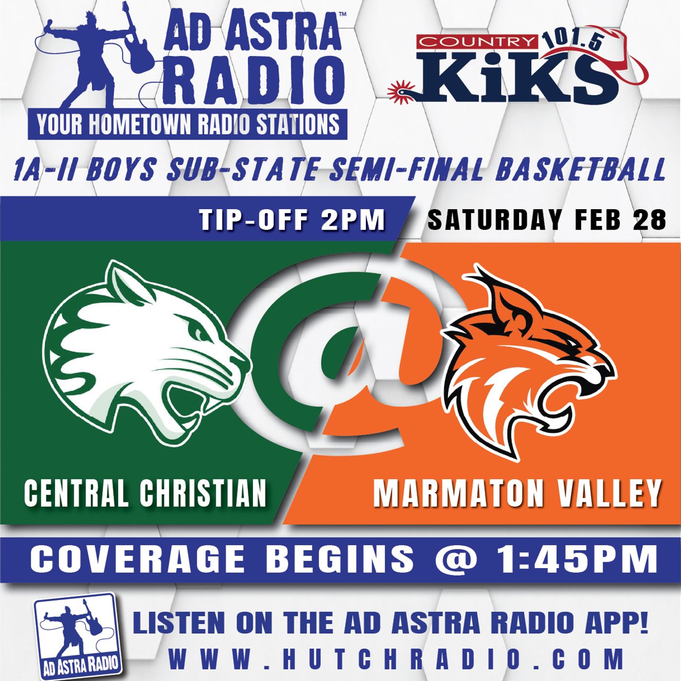 Central Christian Cougars at Marmaton Valley Wildcats Boys High School Basketball (1A-II Substate Semifinal-February 28, 2026)
