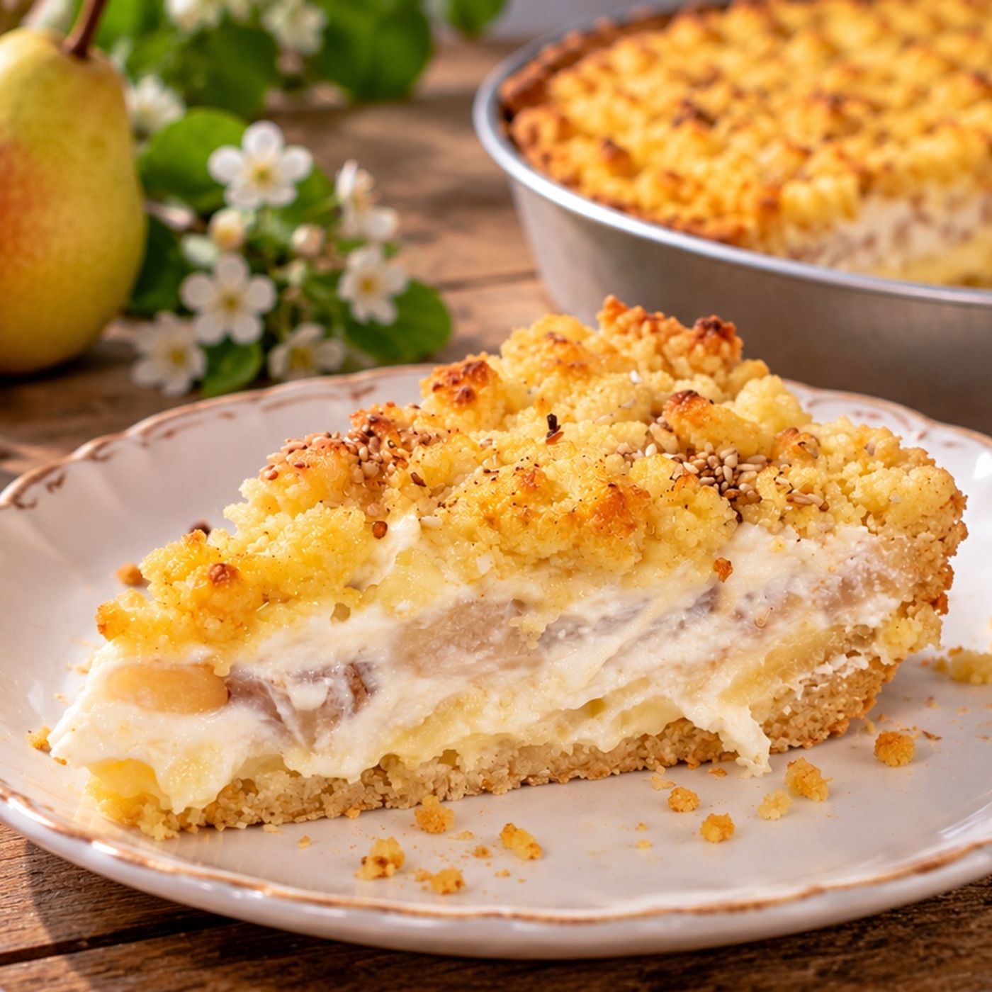 SBRICIOLATA CON RICOTTA PERE E CREMA PASTICCERA