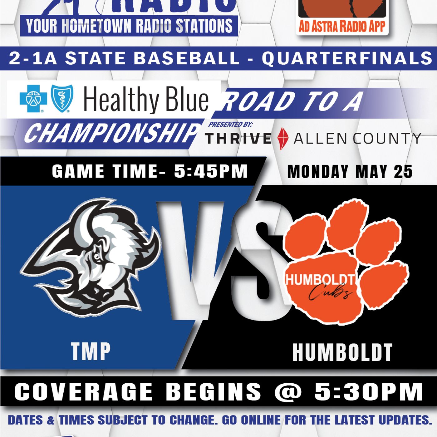 Humboldt Cubs vs TMP Monarchs High School Baseball (2-1A State Qualifier-May 25, 2026)