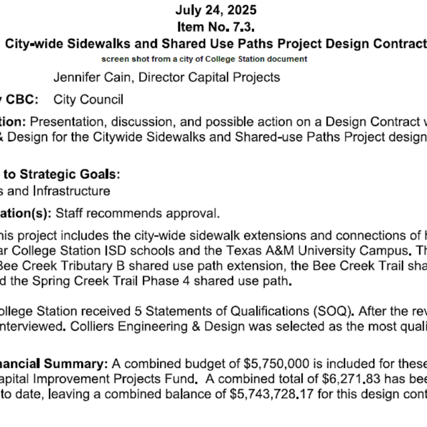 College Station city council awards a design contract for almost $6 million dollars of new sidewalks and shared use paths