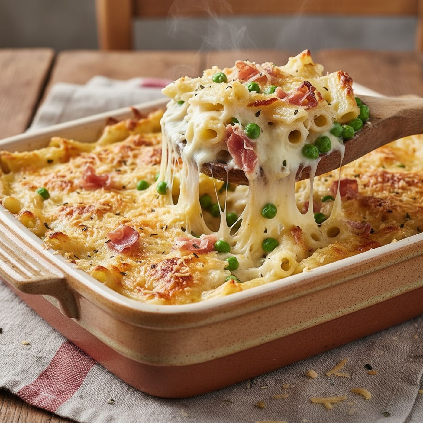 Pasta al forno bianca con fontina, piselli e prosciutto: cremosa e filante episode artwork