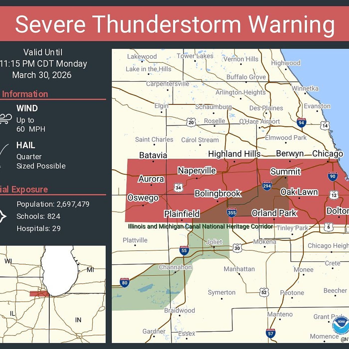Severe thunderstorm warning for several northern Illinois counties