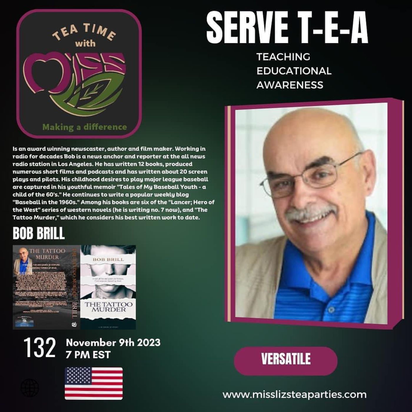 Teatime with Miss Liz T-E-A Open Discussion with Bob Brill The Tattoo Murder episode artwork