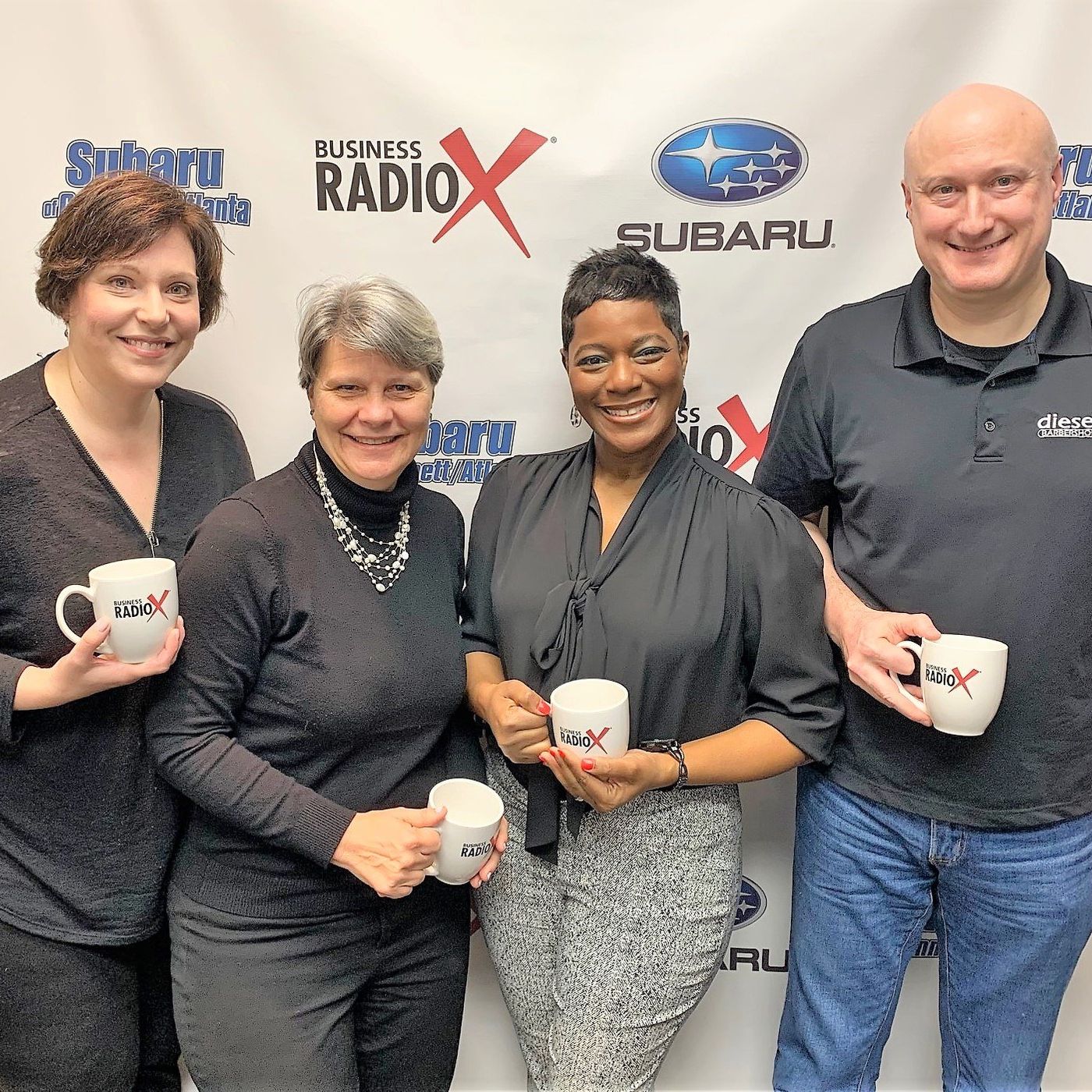 Amy Fuchs and Jen Falk with InFocusPlus, Martha Moore with Impeccable Details Staging & Design, and Pete Briggs of Diesel Barber Shop episode artwork