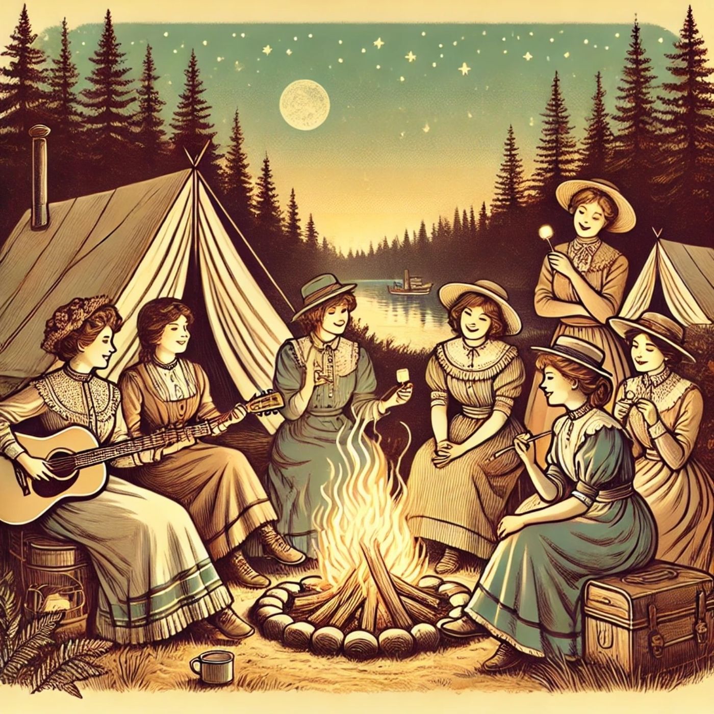 Outdoor Girls Around the Campfire