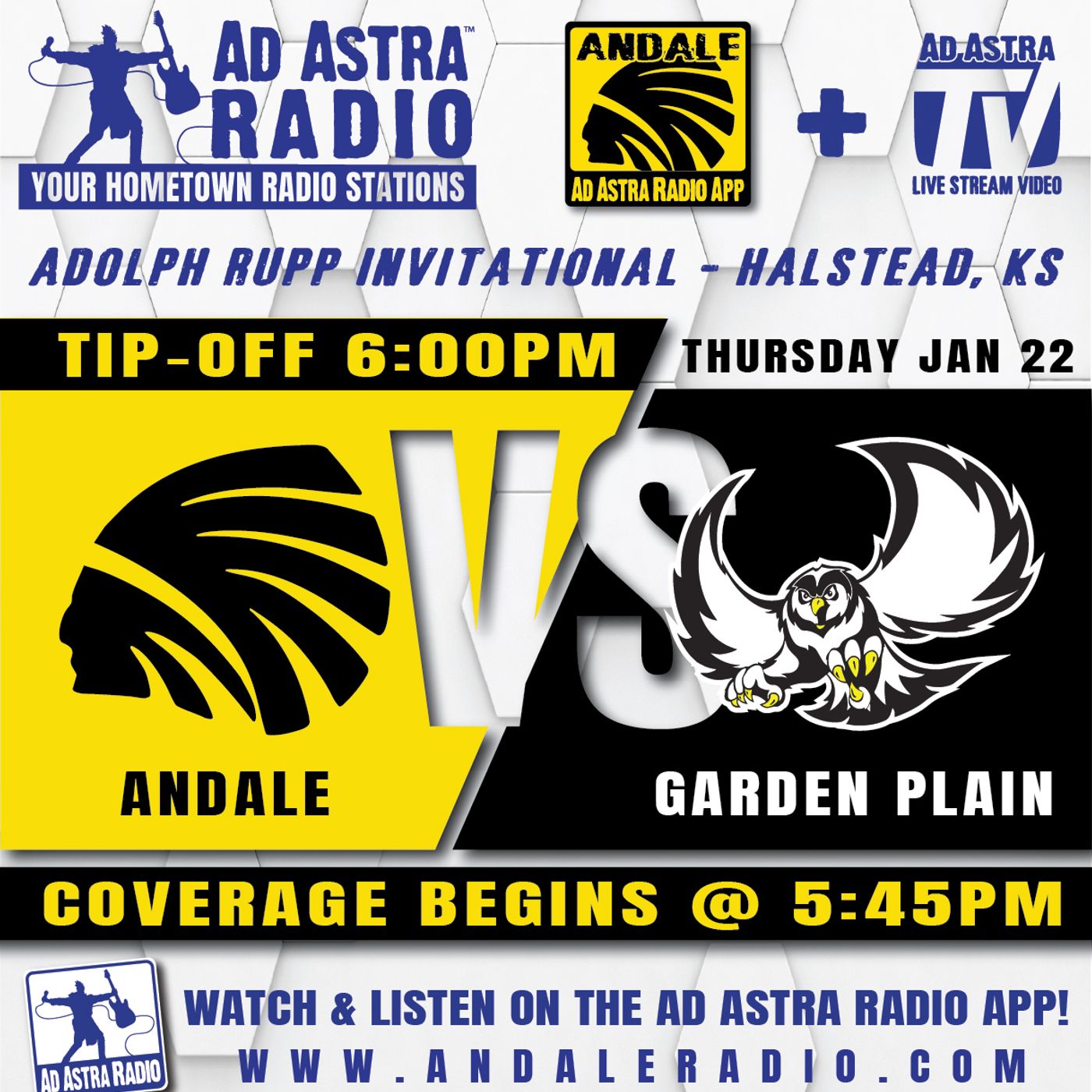 Andale Indians vsd Garden Plain Owls Boys High School Basketball (Adolph Rupp Tournament-January 22, 2026) episode artwork