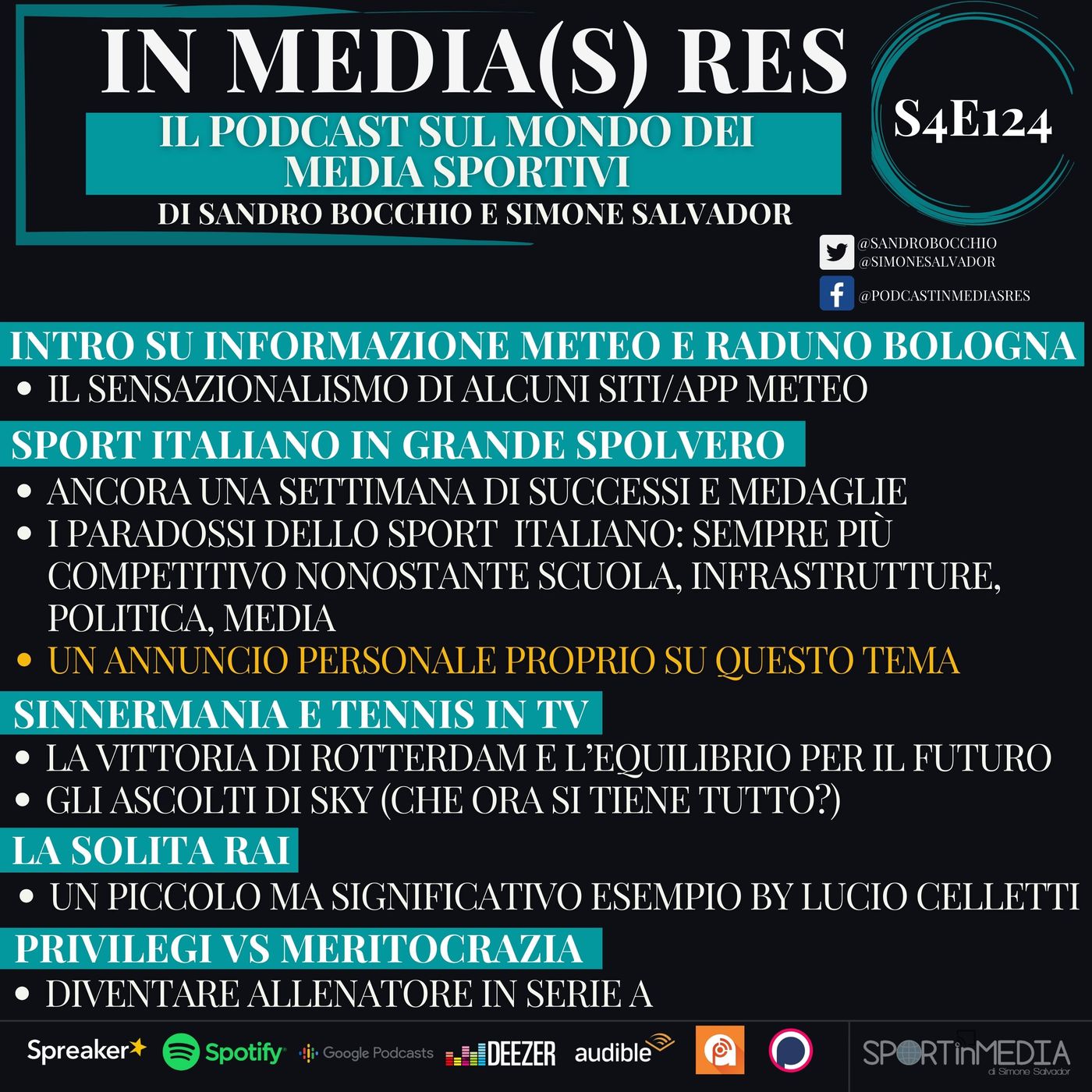 S4E124 | Sensazionalismo mediatico (meteo) e raduno Bologna, il paradosso-miracolo dello Sport in Italia, Sinnermania, Rai, Meritocrazia episode artwork