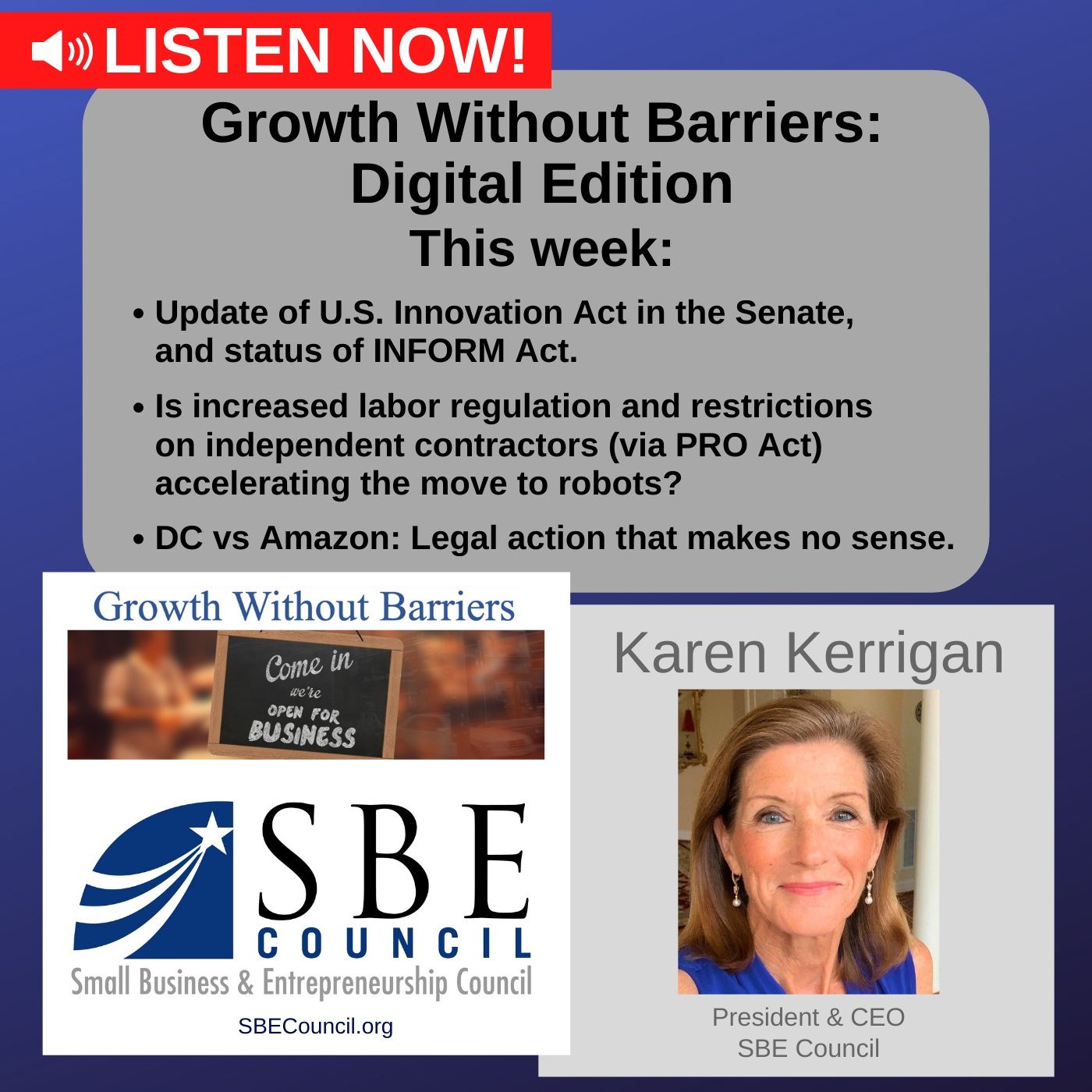 Growth Without Barriers - DIGITAL EDITION: US Innovation Act & INFORM Act; PRO Act; DC AG's misguided lawsuit against Amazon. episode artwork