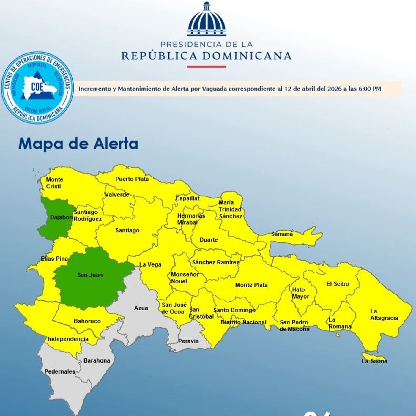 Provincias de RD en alerta según el COE (6:53PM) 12-04-2026