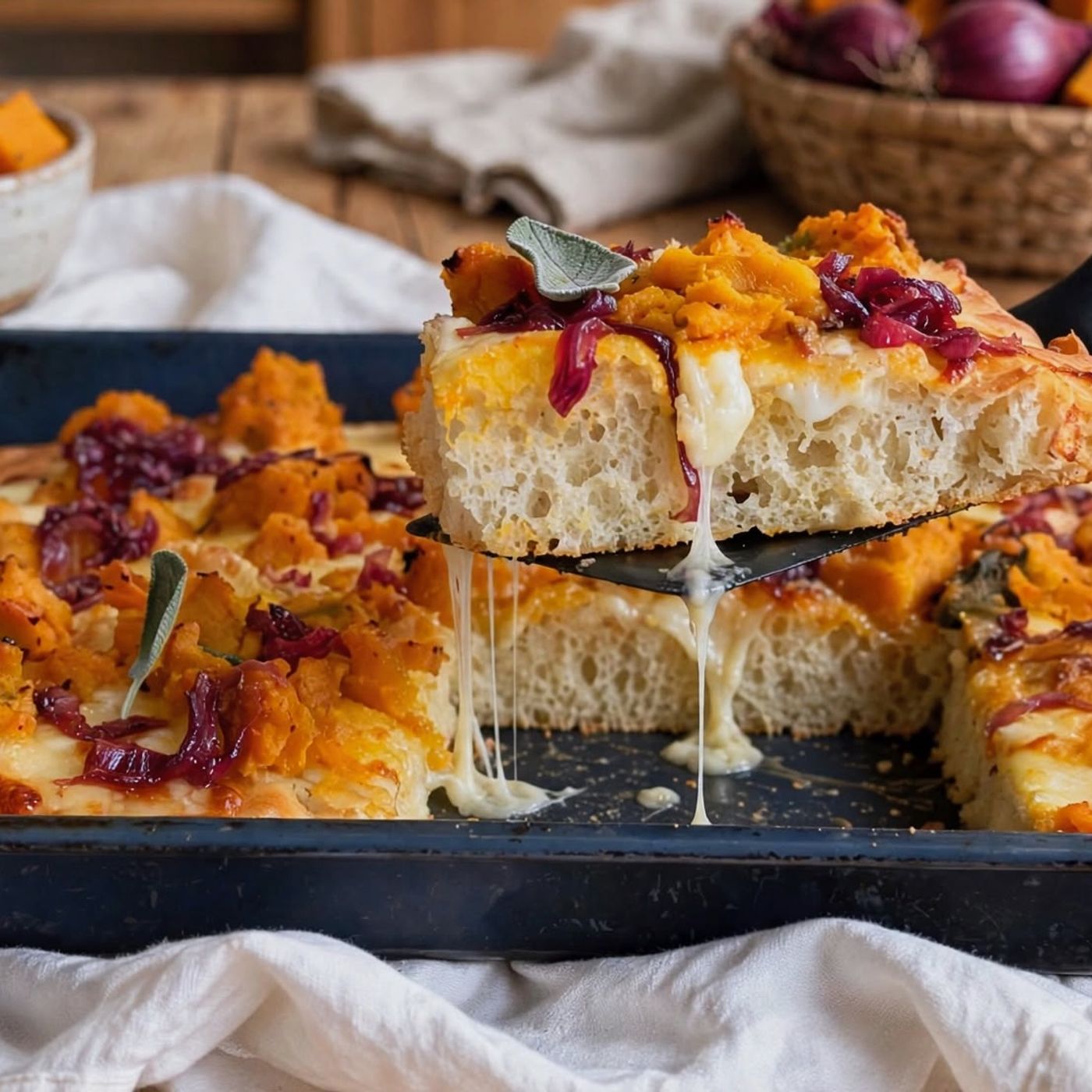 Focaccia con zucca, mozzarella e cipolle caramellate: la ricetta ricca episode artwork