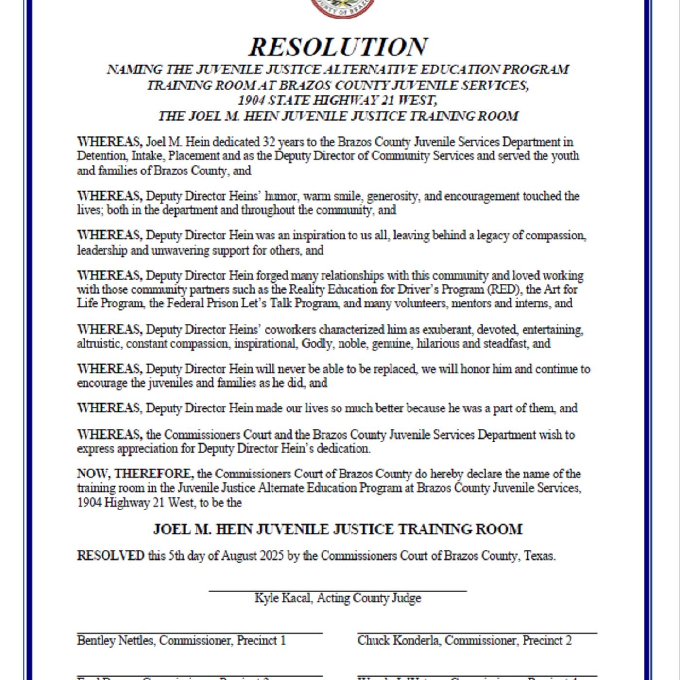 Resolution to name the Brazos County juvenile detention center training room for a longtime employee who recently died episode artwork
