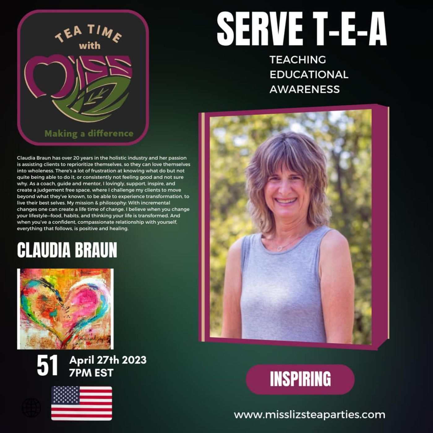 Teatime with Miss Liz T-E-A Open Discussion with Claudia Braun Holistic Coaching episode artwork