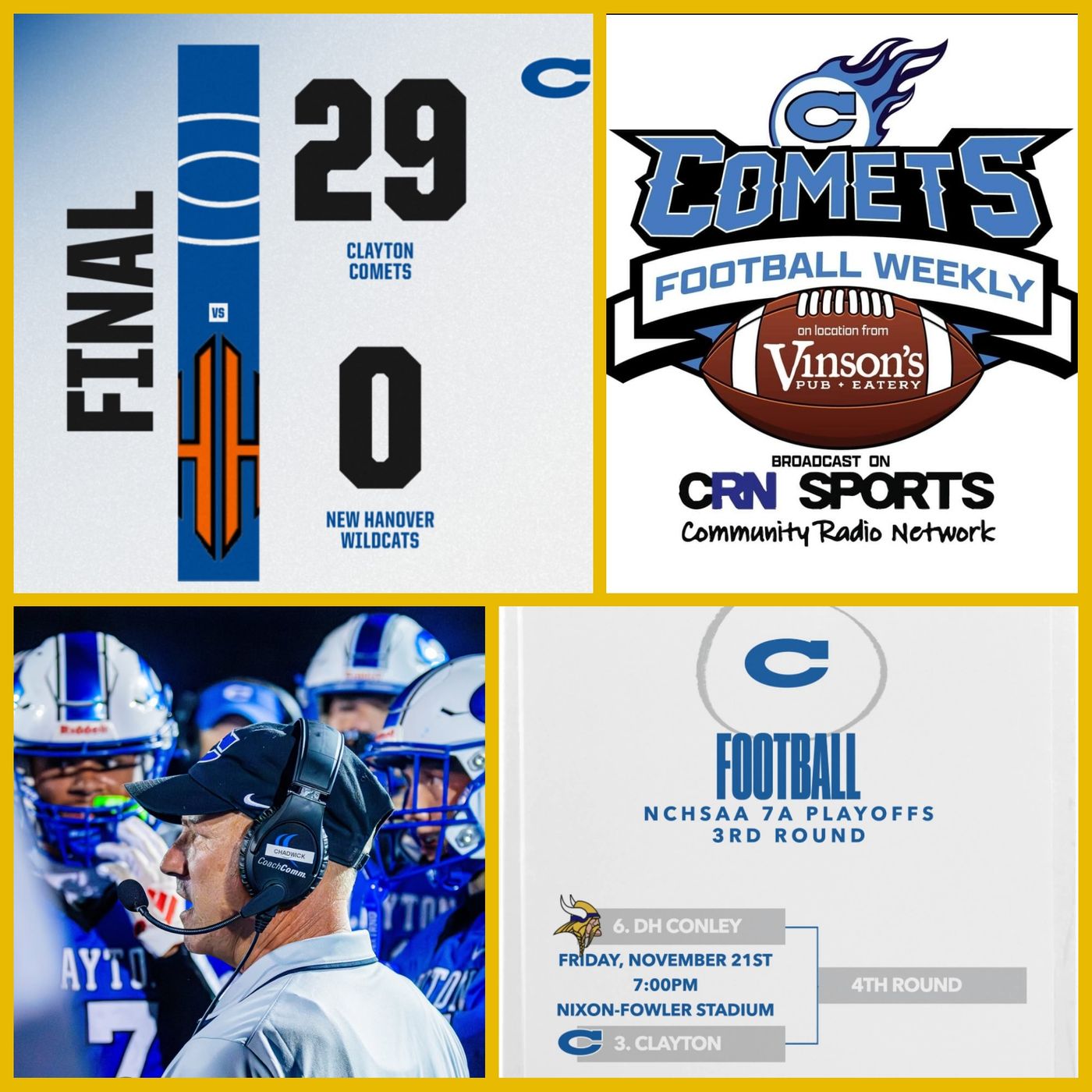 Season 3 Episode 12 of #CometsFootballWeekly Playoffs Edition TONIGHT on location from Vinson’s Pub + Eatery in downtown Clayton