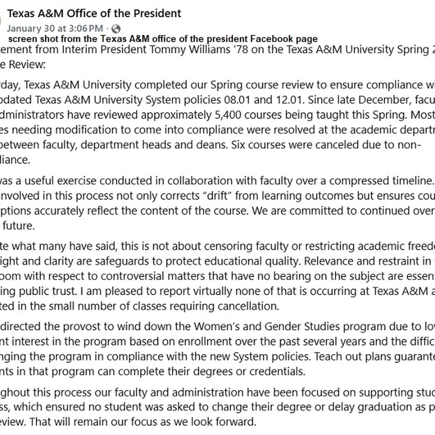 Texas A&M interim president's comments about the first review of academic courses to meet new board of regents guidelines episode artwork