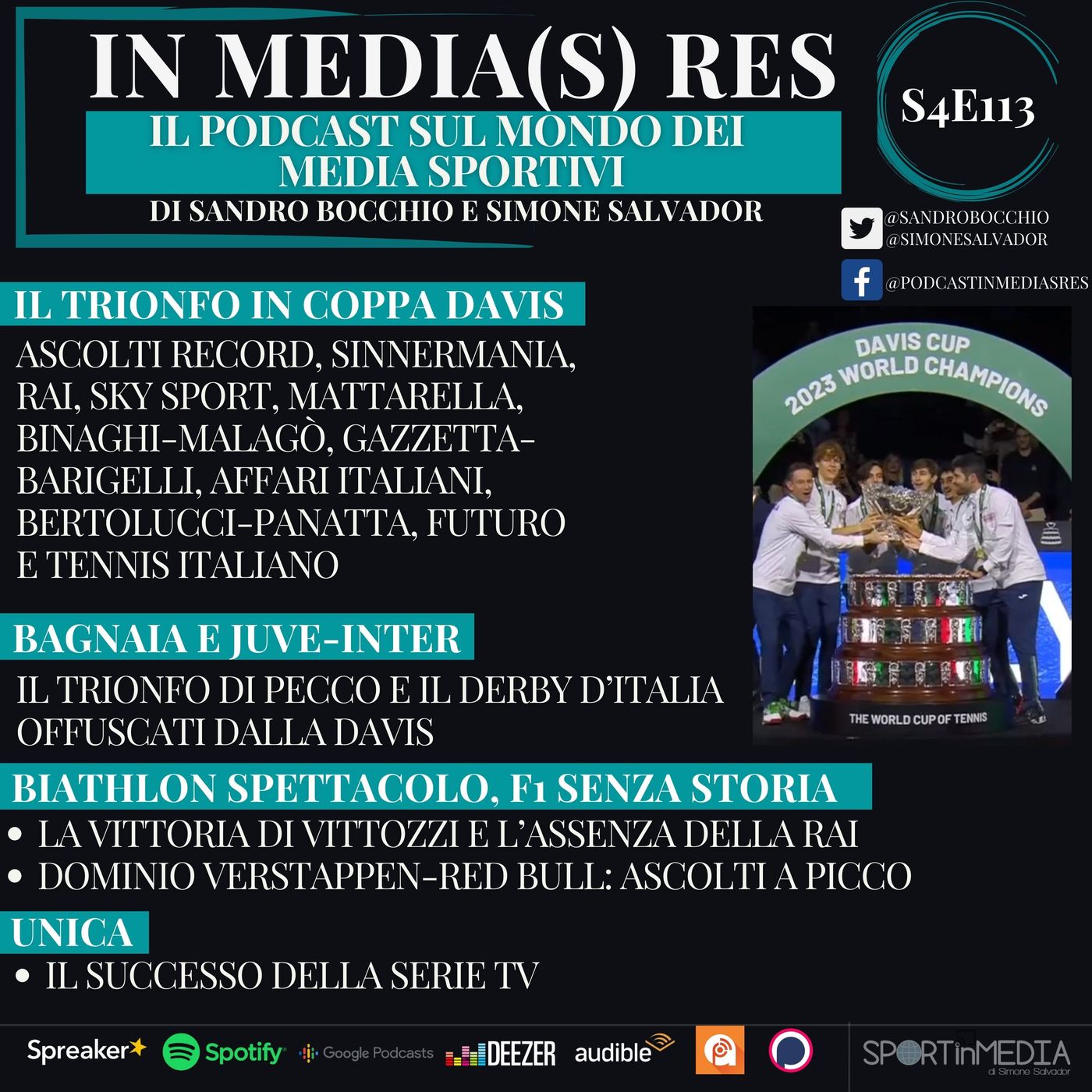 S4E113 | Coppa Davis e risvolti mediatici (Ascolti, Rai, Sky, Gazzetta, Mattarella, Affari Italiani), Bagnaia, Biathlon, F1, Unica episode artwork