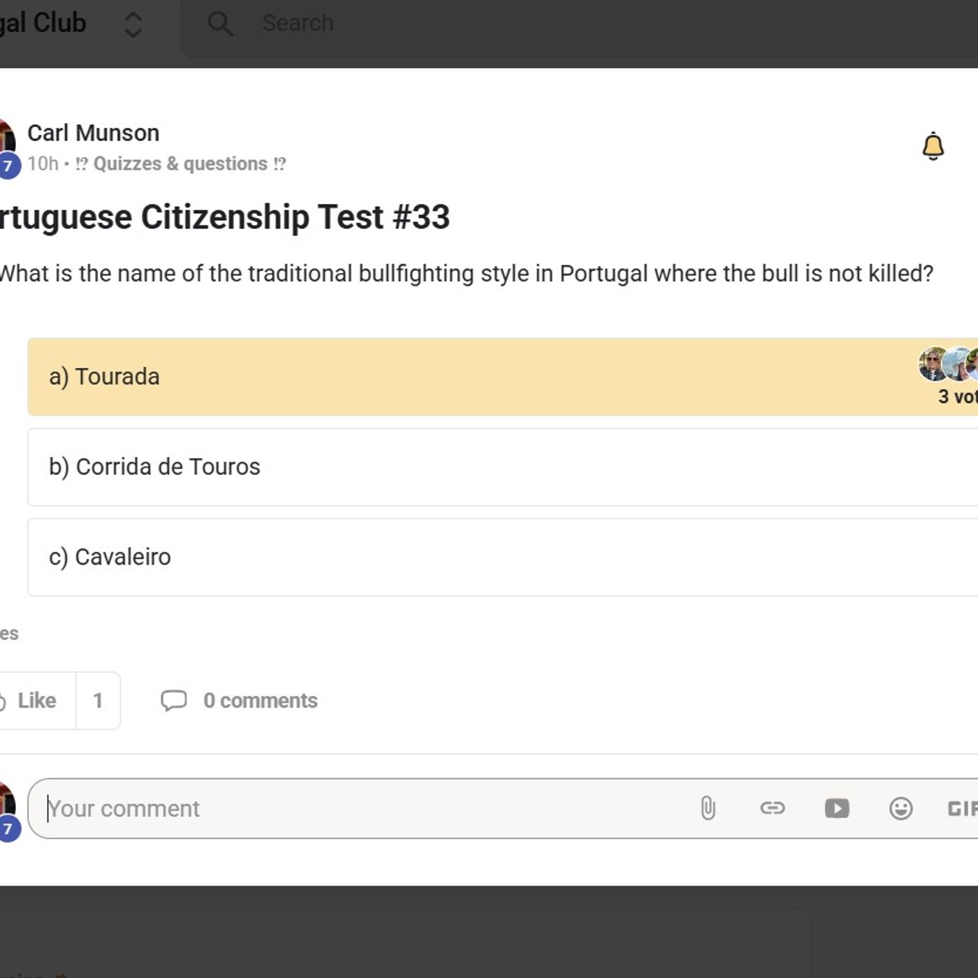 Portuguese Bullfighting is Called...? Portuguese Citizenship Test Question #33 #PTcitizenship